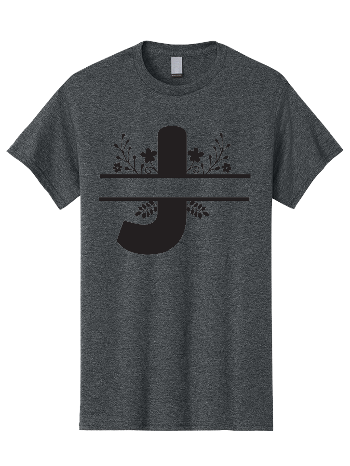 E-Symbol Men'S Graphic Tee, 100% Cotton, Comfortable Casual Summer Wear, Machine Washable, Floral Alphabet, Decorative Letter, Black And Green, Bold Font, Flowers And Leaves, Elegant Design, Stylized Lettering, Unique Typography Aac666