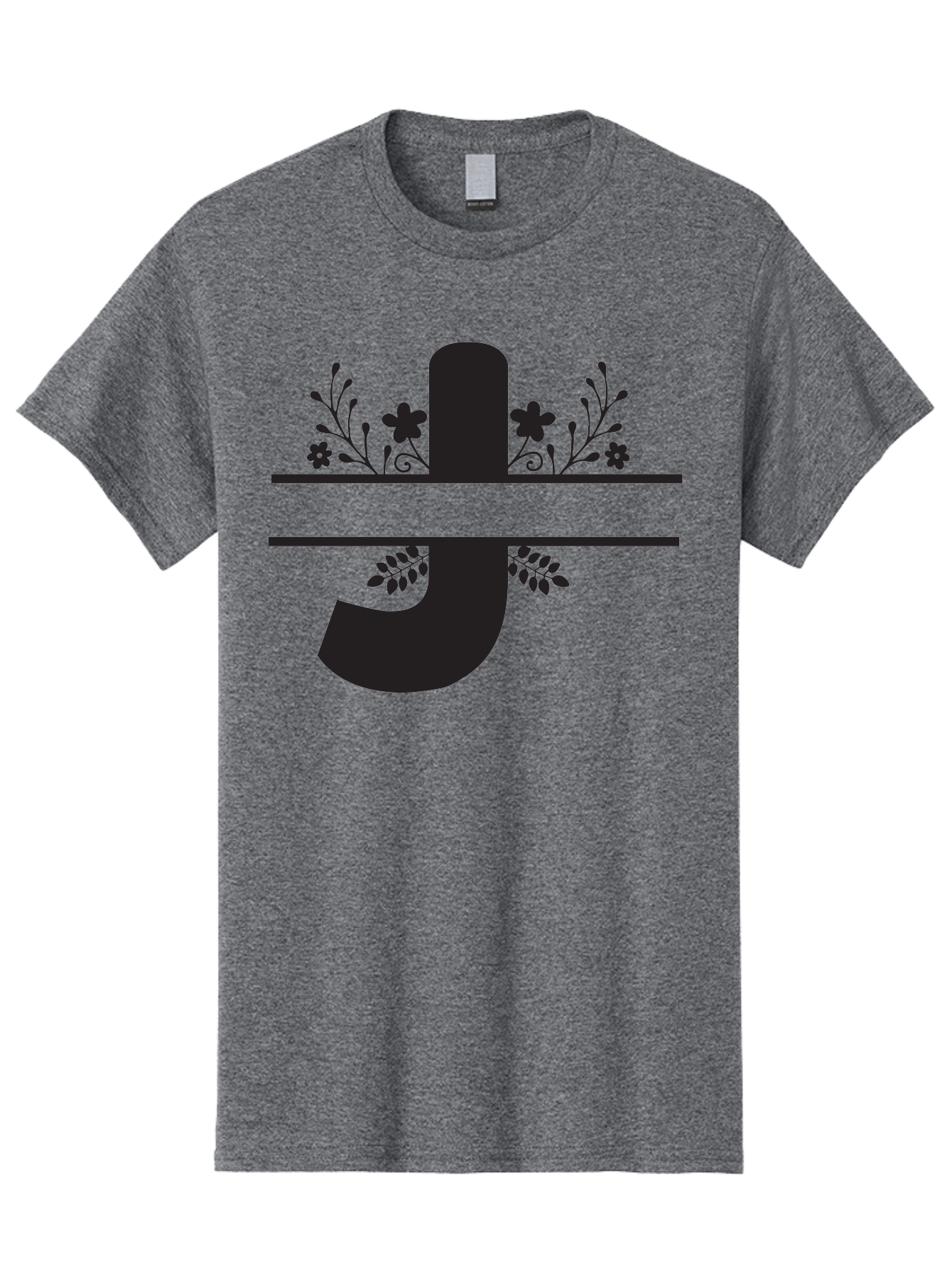 E-Symbol Men'S Graphic Tee, 100% Cotton, Comfortable Casual Summer Wear, Machine Washable, Floral Alphabet, Decorative Letter, Black And Green, Bold Font, Flowers And Leaves, Elegant Design, Stylized Lettering, Unique Typography Aac666