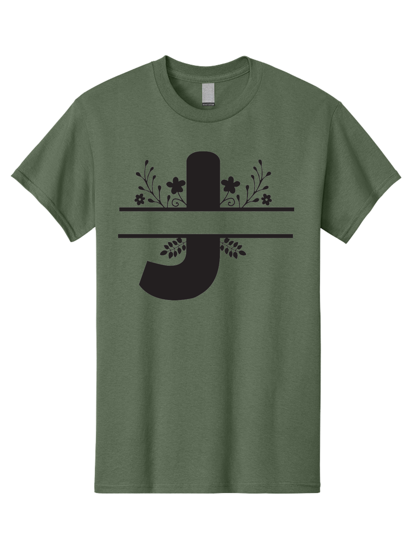 E-Symbol Men'S Graphic Tee, 100% Cotton, Comfortable Casual Summer Wear, Machine Washable, Floral Alphabet, Decorative Letter, Black And Green, Bold Font, Flowers And Leaves, Elegant Design, Stylized Lettering, Unique Typography Aac666