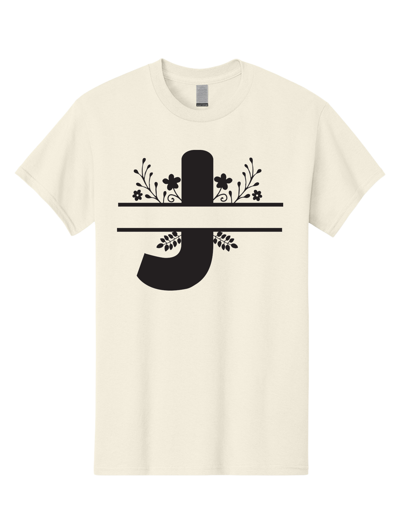 E-Symbol Men'S Graphic Tee, 100% Cotton, Comfortable Casual Summer Wear, Machine Washable, Floral Alphabet, Decorative Letter, Black And Green, Bold Font, Flowers And Leaves, Elegant Design, Stylized Lettering, Unique Typography Aac666