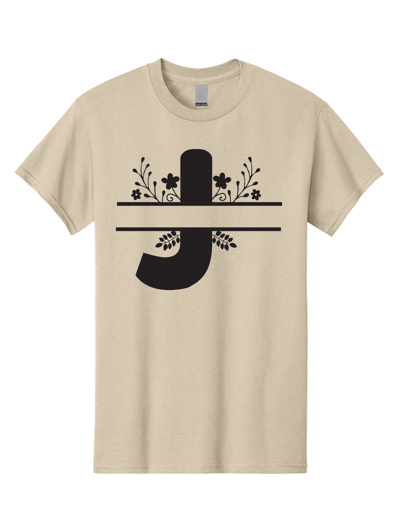 E-Symbol Men'S Graphic Tee, 100% Cotton, Comfortable Casual Summer Wear, Machine Washable, Floral Alphabet, Decorative Letter, Black And Green, Bold Font, Flowers And Leaves, Elegant Design, Stylized Lettering, Unique Typography Aac666