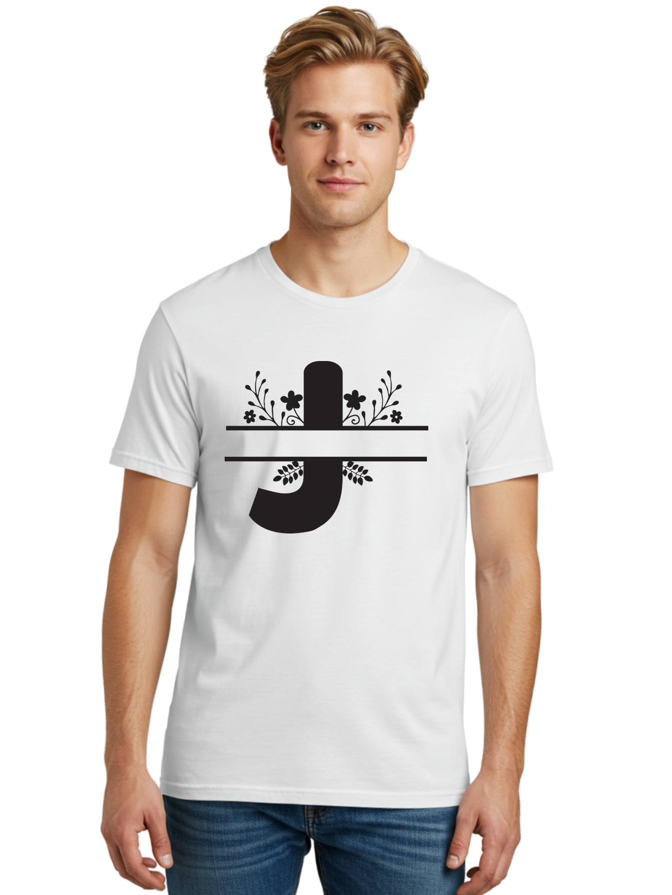 E-Symbol Men'S Graphic Tee, 100% Cotton, Comfortable Casual Summer Wear, Machine Washable, Floral Alphabet, Decorative Letter, Black And Green, Bold Font, Flowers And Leaves, Elegant Design, Stylized Lettering, Unique Typography Aac666
