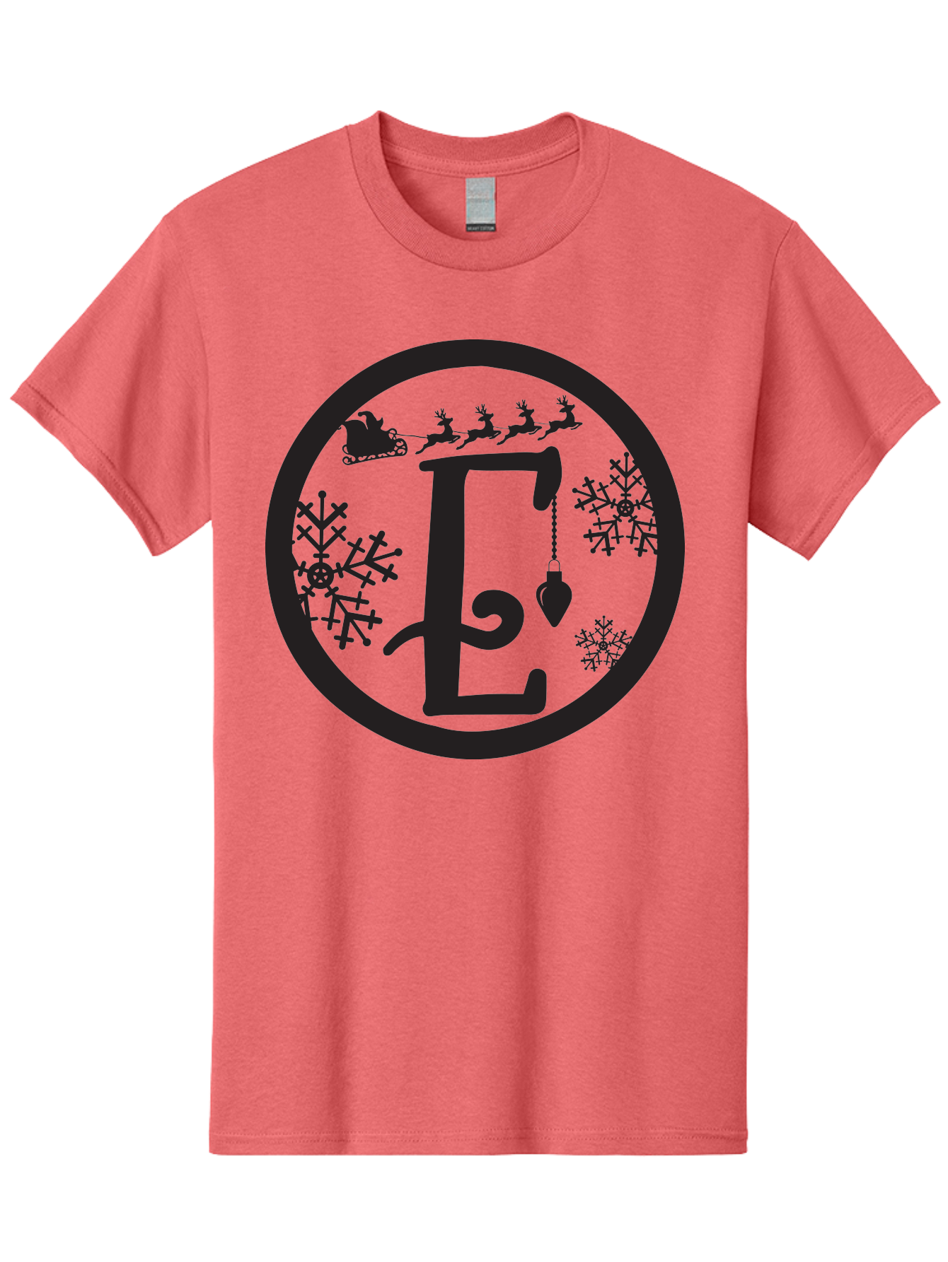 E Men'S Graphic Tee, 100% Cotton, Comfortable Casual Summer Wear, Machine Washable, Christmas Monogram, Festive Alphabet, Santa'S Sleigh, Reindeer In Flight, Snowflakes, Hanging Ornament, Holiday Decor, Winter Wonderland, Festive Design, Aac667