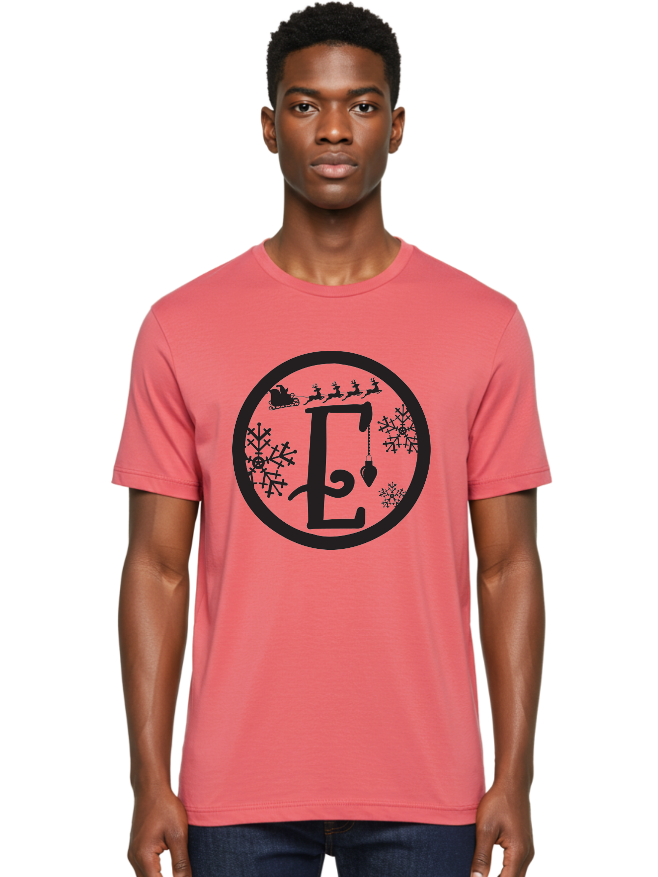 E Men'S Graphic Tee, 100% Cotton, Comfortable Casual Summer Wear, Machine Washable, Christmas Monogram, Festive Alphabet, Santa'S Sleigh, Reindeer In Flight, Snowflakes, Hanging Ornament, Holiday Decor, Winter Wonderland, Festive Design, Aac667