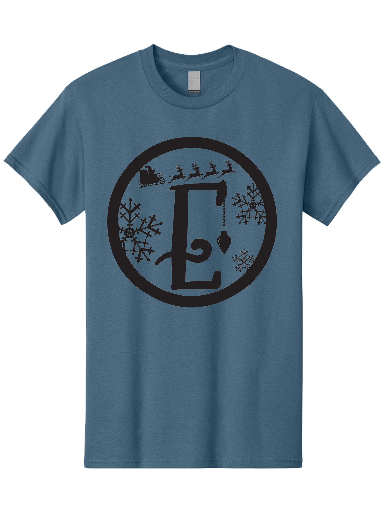 E Men'S Graphic Tee, 100% Cotton, Comfortable Casual Summer Wear, Machine Washable, Christmas Monogram, Festive Alphabet, Santa'S Sleigh, Reindeer In Flight, Snowflakes, Hanging Ornament, Holiday Decor, Winter Wonderland, Festive Design, Aac667