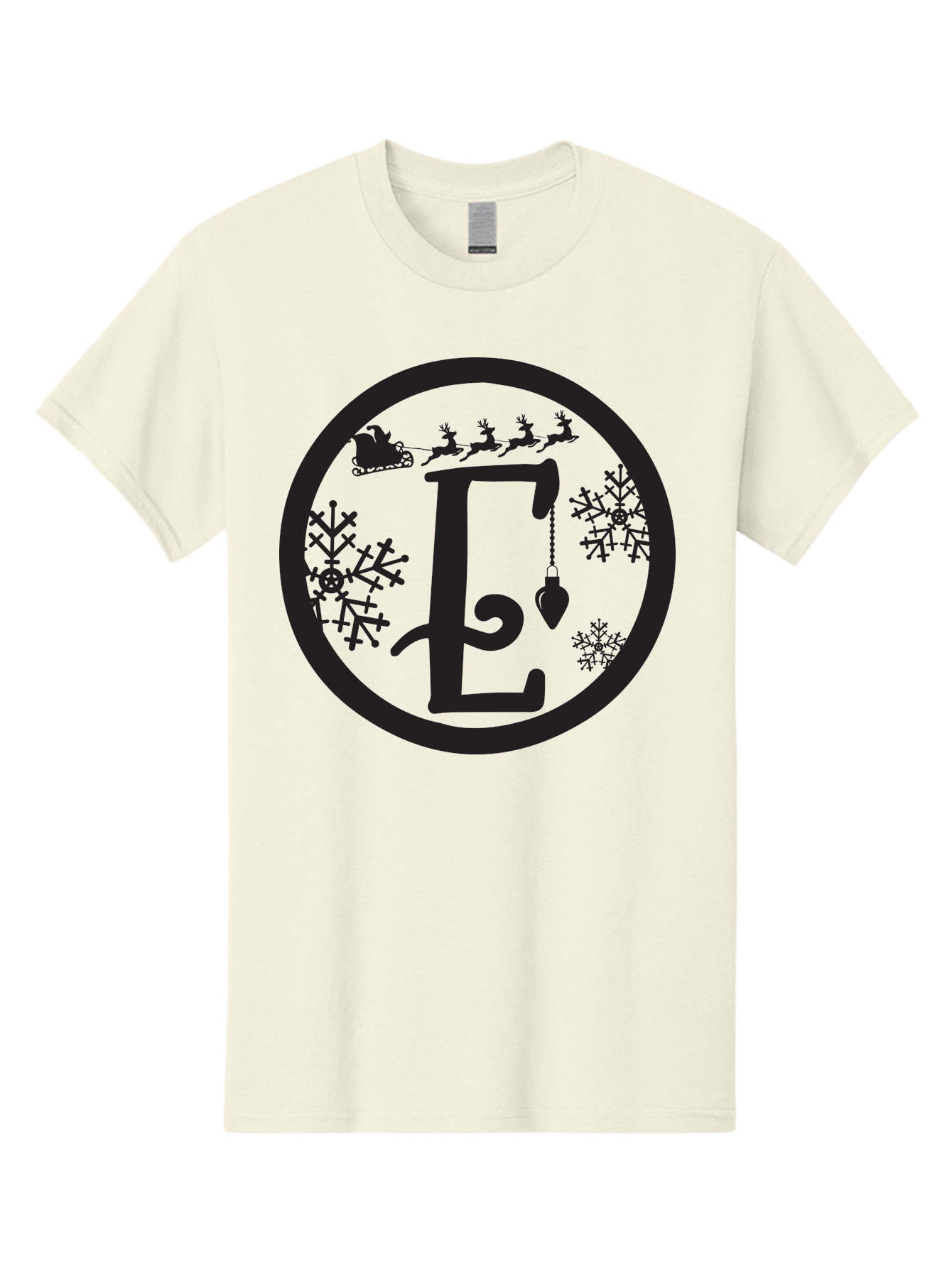 E Men'S Graphic Tee, 100% Cotton, Comfortable Casual Summer Wear, Machine Washable, Christmas Monogram, Festive Alphabet, Santa'S Sleigh, Reindeer In Flight, Snowflakes, Hanging Ornament, Holiday Decor, Winter Wonderland, Festive Design, Aac667