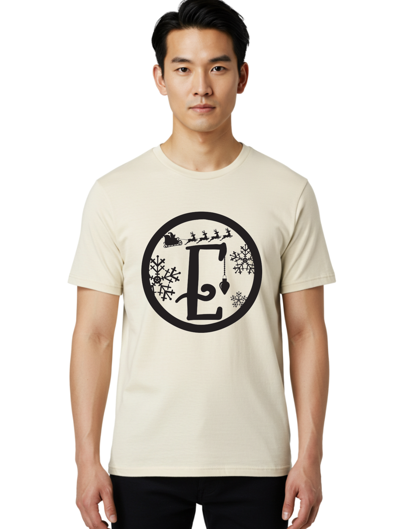 E Men'S Graphic Tee, 100% Cotton, Comfortable Casual Summer Wear, Machine Washable, Christmas Monogram, Festive Alphabet, Santa'S Sleigh, Reindeer In Flight, Snowflakes, Hanging Ornament, Holiday Decor, Winter Wonderland, Festive Design, Aac667