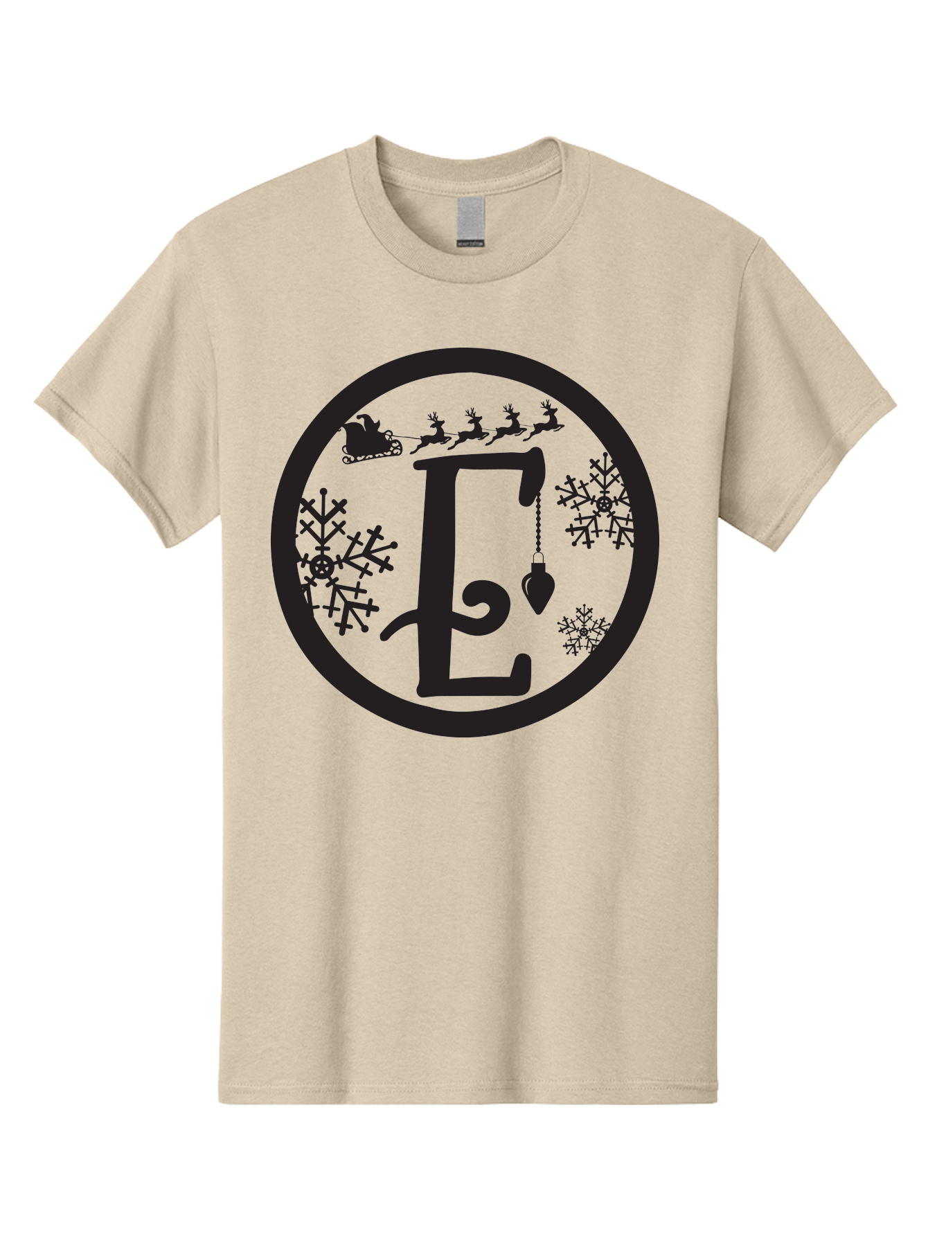 E Men'S Graphic Tee, 100% Cotton, Comfortable Casual Summer Wear, Machine Washable, Christmas Monogram, Festive Alphabet, Santa'S Sleigh, Reindeer In Flight, Snowflakes, Hanging Ornament, Holiday Decor, Winter Wonderland, Festive Design, Aac667