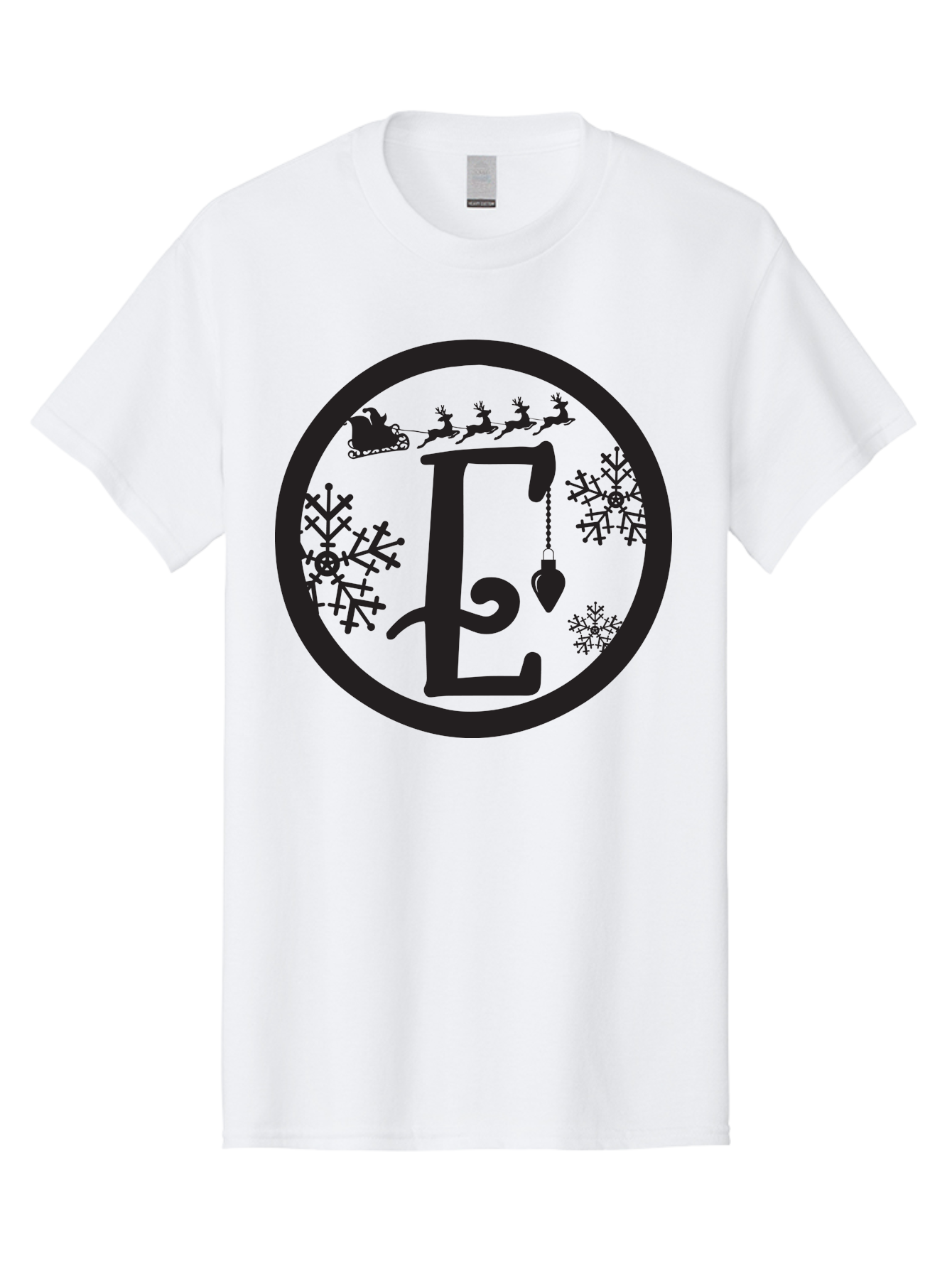 E Men'S Graphic Tee, 100% Cotton, Comfortable Casual Summer Wear, Machine Washable, Christmas Monogram, Festive Alphabet, Santa'S Sleigh, Reindeer In Flight, Snowflakes, Hanging Ornament, Holiday Decor, Winter Wonderland, Festive Design, Aac667