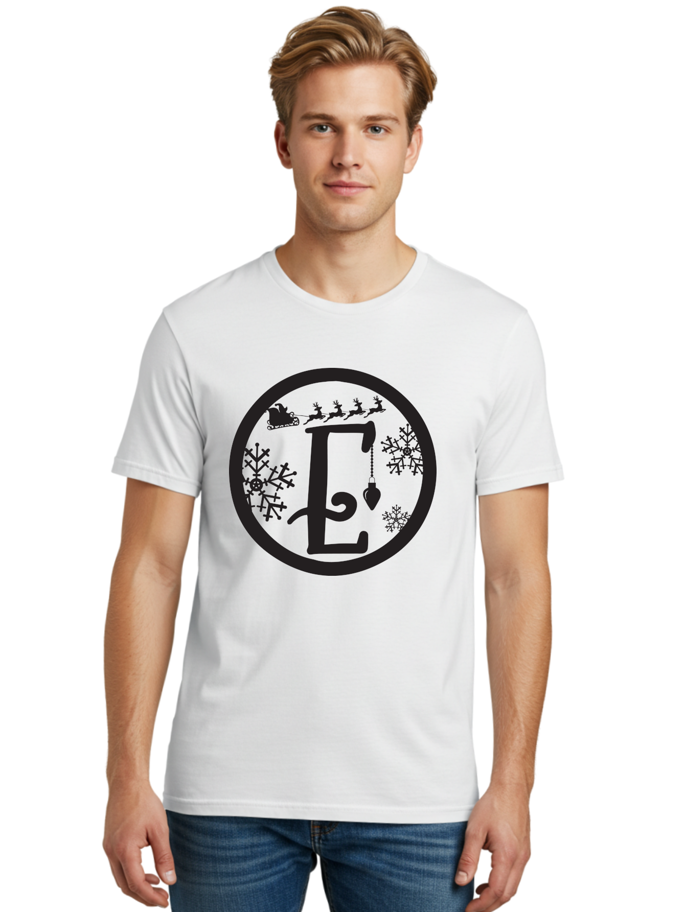E Men'S Graphic Tee, 100% Cotton, Comfortable Casual Summer Wear, Machine Washable, Christmas Monogram, Festive Alphabet, Santa'S Sleigh, Reindeer In Flight, Snowflakes, Hanging Ornament, Holiday Decor, Winter Wonderland, Festive Design, Aac667