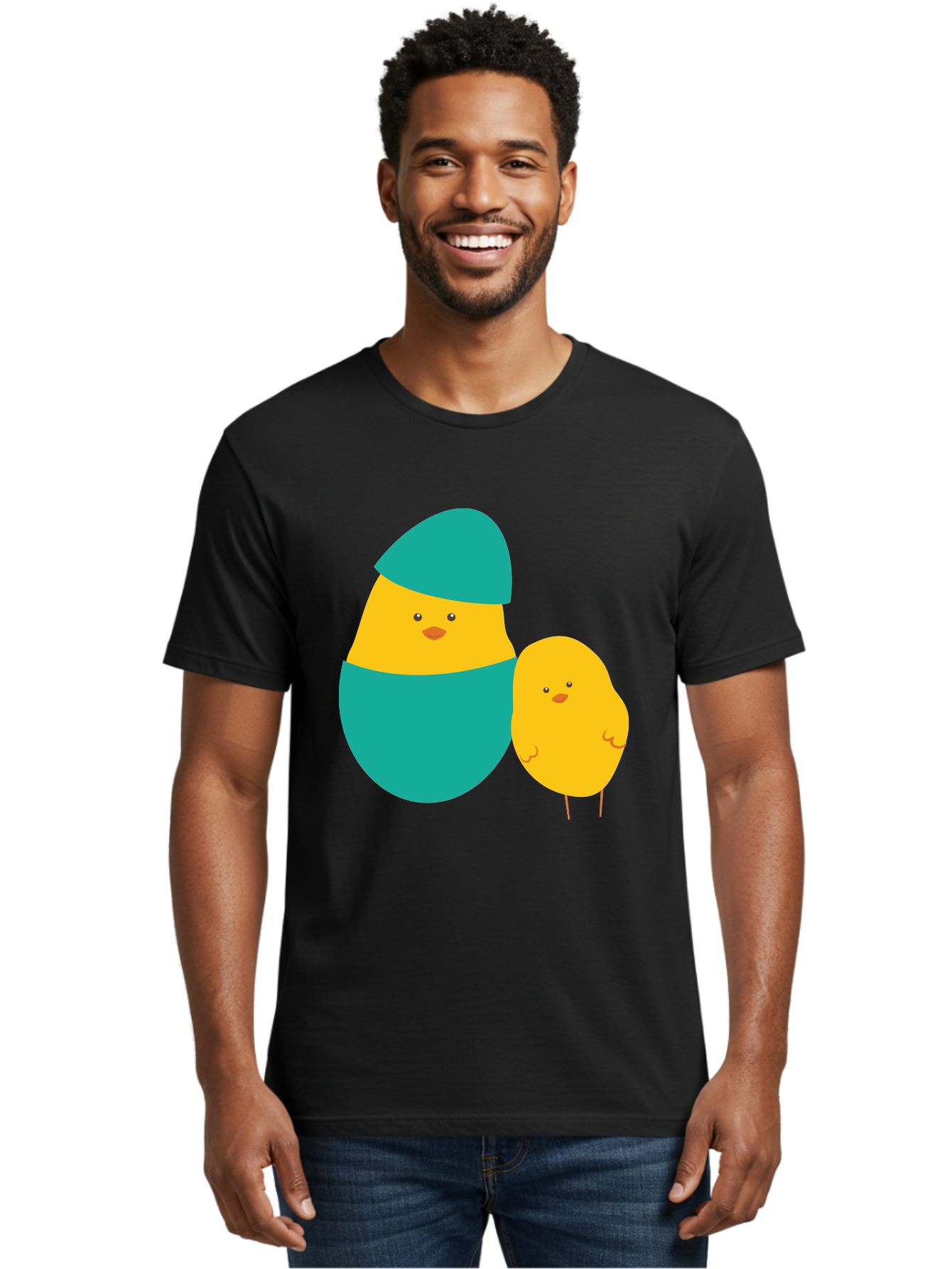 Easter-Chick-And-Hatching-Chick Men'S Graphic Tee, 100% Cotton, Comfortable Casual Summer Wear, Machine Washable, Hatching Chick, Yellow Chick, Cartoon Character, Teal Egg, Newborn Animal, Cute Illustration, Nursery Art, Easter Theme, Aac669