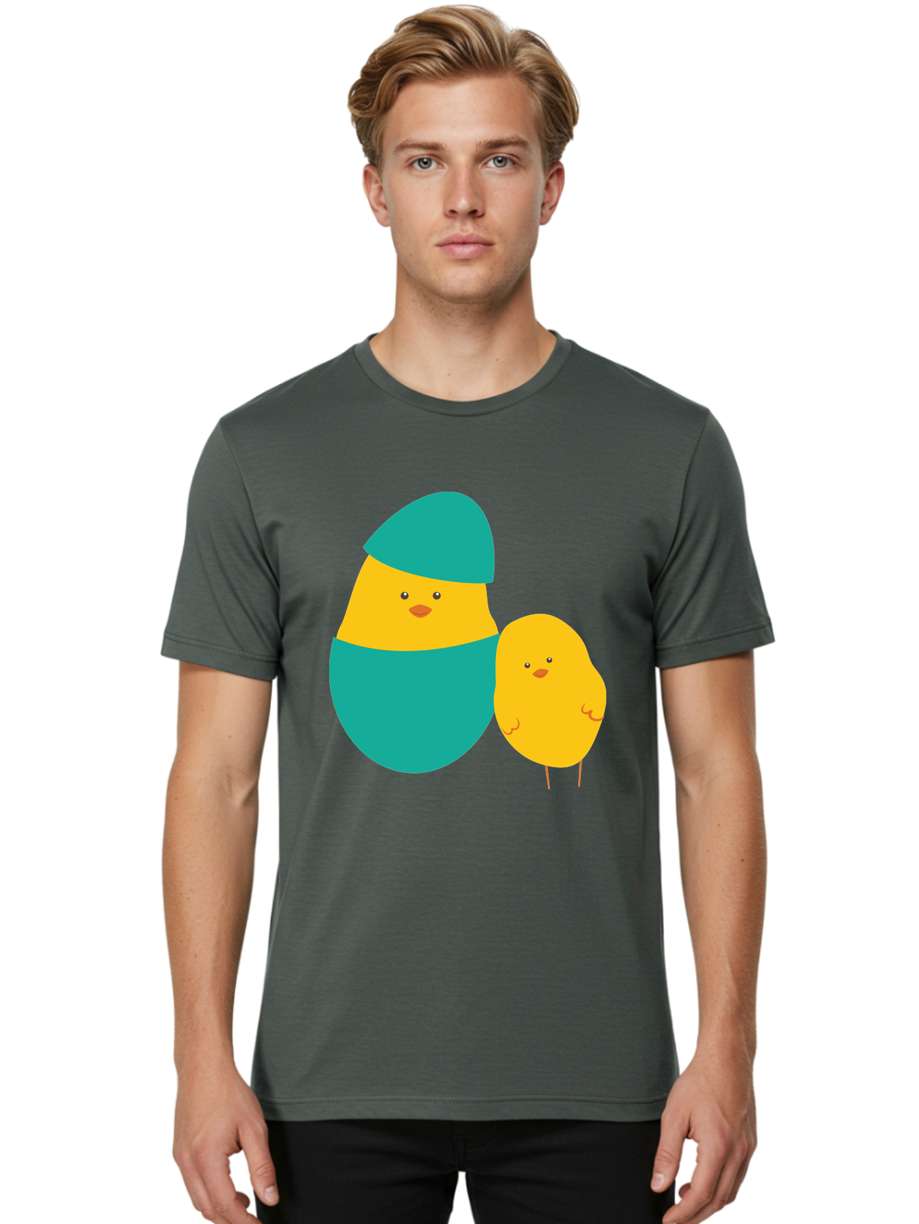 Easter-Chick-And-Hatching-Chick Men'S Graphic Tee, 100% Cotton, Comfortable Casual Summer Wear, Machine Washable, Hatching Chick, Yellow Chick, Cartoon Character, Teal Egg, Newborn Animal, Cute Illustration, Nursery Art, Easter Theme, Aac669