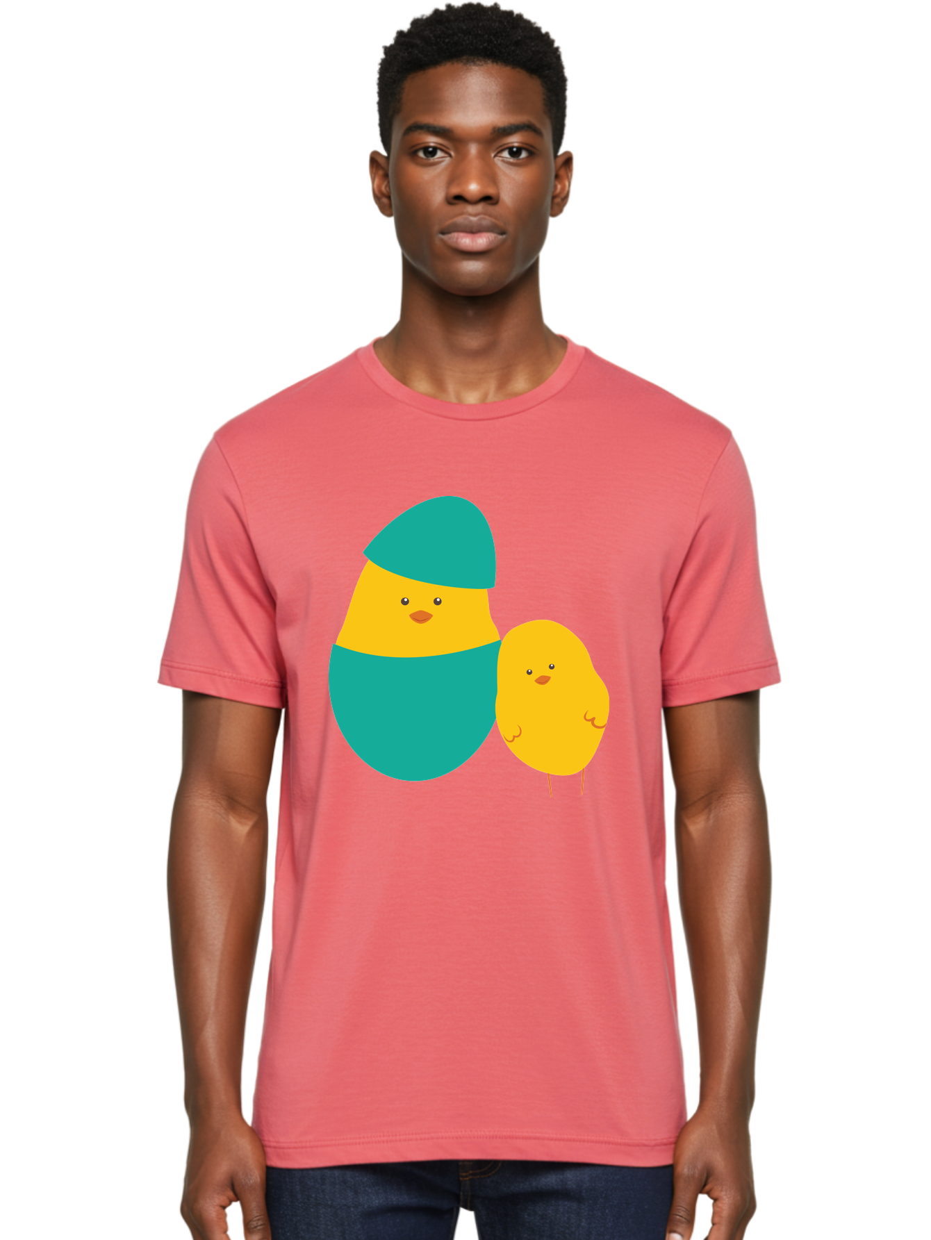 Easter-Chick-And-Hatching-Chick Men'S Graphic Tee, 100% Cotton, Comfortable Casual Summer Wear, Machine Washable, Hatching Chick, Yellow Chick, Cartoon Character, Teal Egg, Newborn Animal, Cute Illustration, Nursery Art, Easter Theme, Aac669