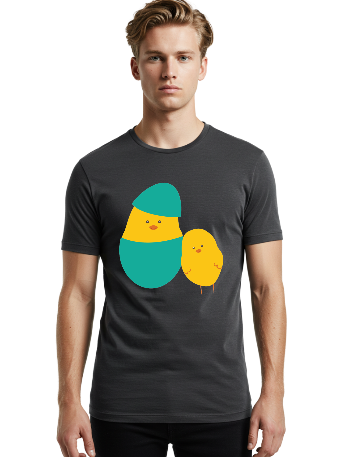 Easter-Chick-And-Hatching-Chick Men'S Graphic Tee, 100% Cotton, Comfortable Casual Summer Wear, Machine Washable, Hatching Chick, Yellow Chick, Cartoon Character, Teal Egg, Newborn Animal, Cute Illustration, Nursery Art, Easter Theme, Aac669