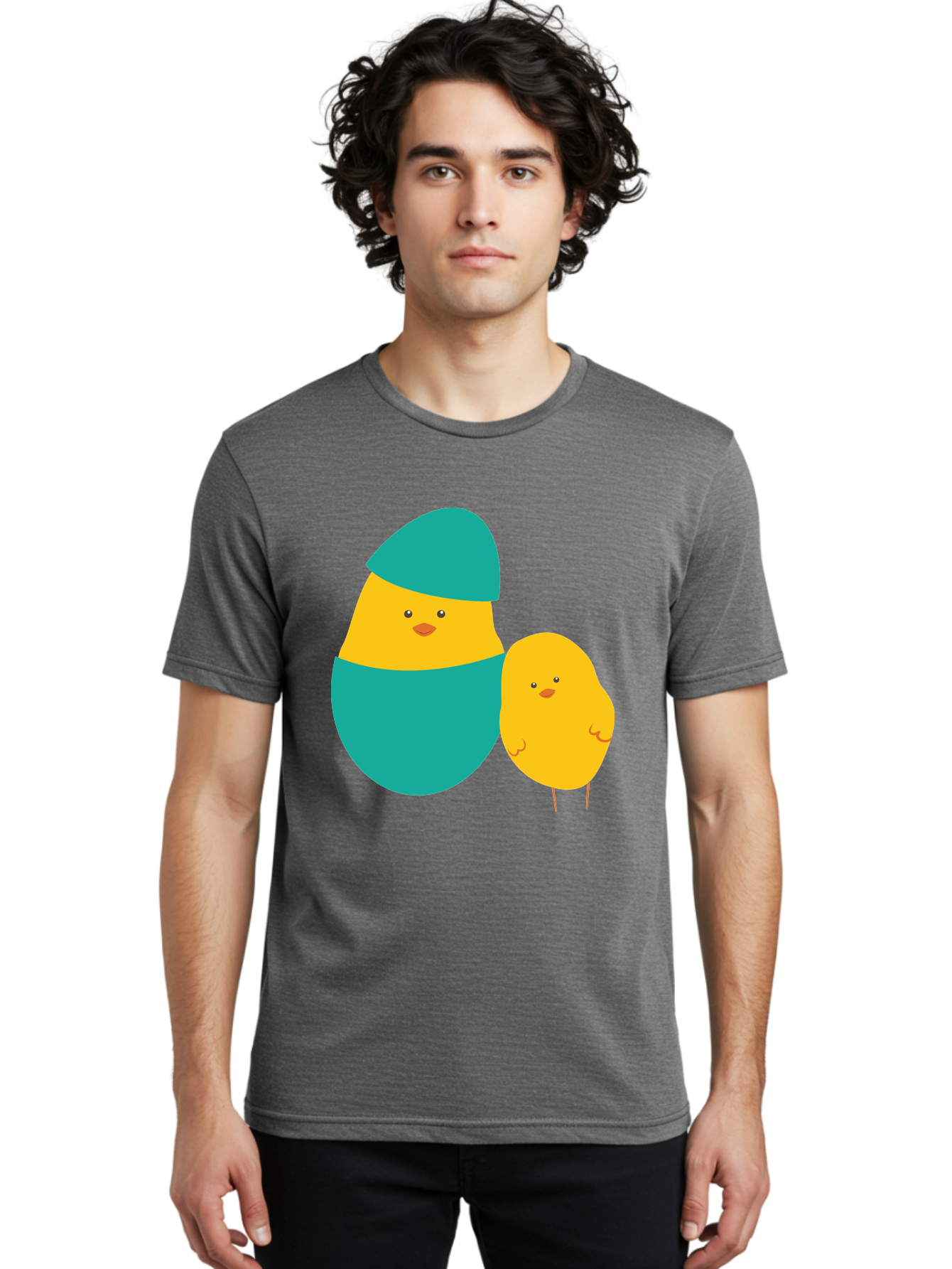 Easter-Chick-And-Hatching-Chick Men'S Graphic Tee, 100% Cotton, Comfortable Casual Summer Wear, Machine Washable, Hatching Chick, Yellow Chick, Cartoon Character, Teal Egg, Newborn Animal, Cute Illustration, Nursery Art, Easter Theme, Aac669