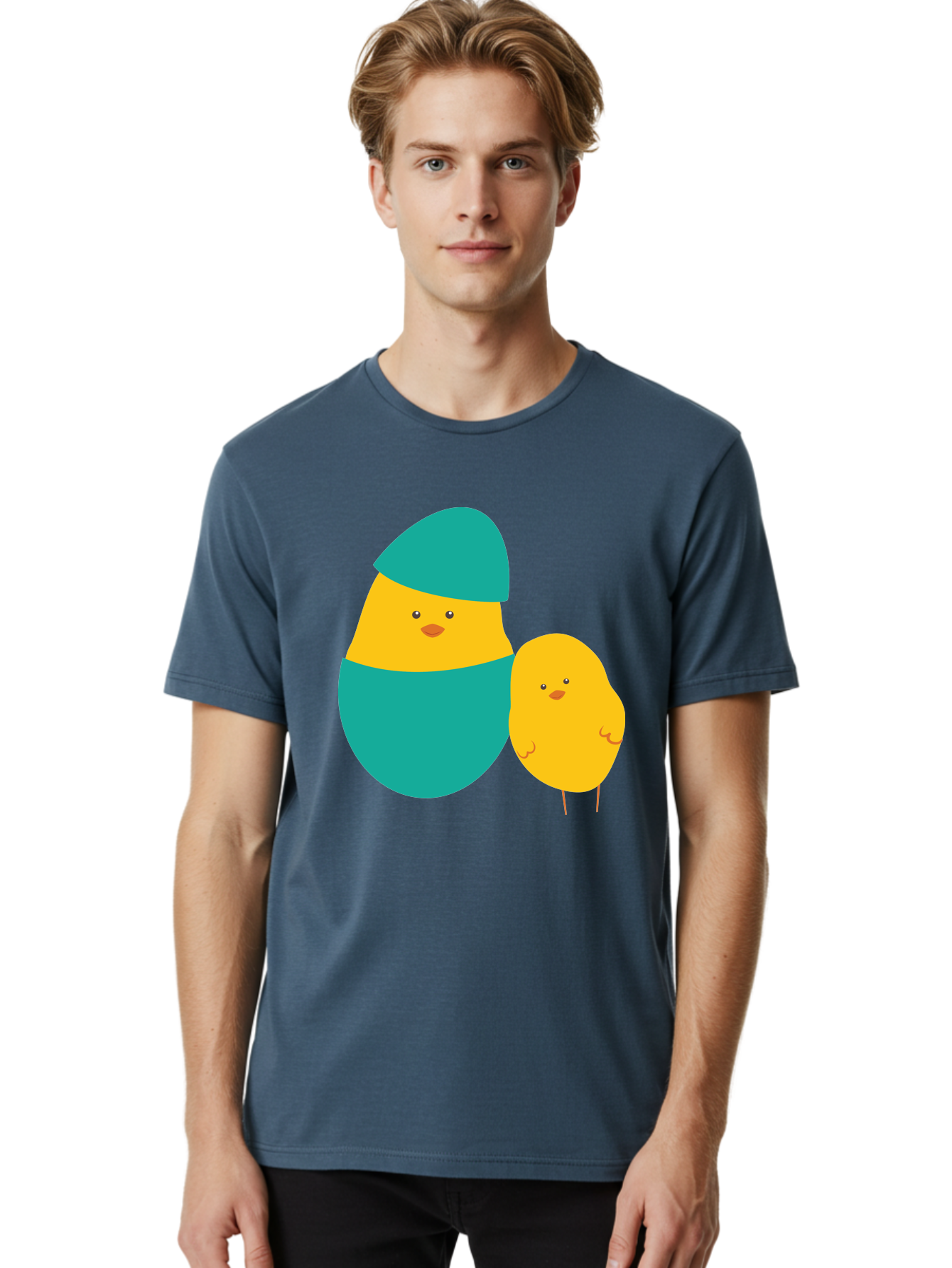 Easter-Chick-And-Hatching-Chick Men'S Graphic Tee, 100% Cotton, Comfortable Casual Summer Wear, Machine Washable, Hatching Chick, Yellow Chick, Cartoon Character, Teal Egg, Newborn Animal, Cute Illustration, Nursery Art, Easter Theme, Aac669