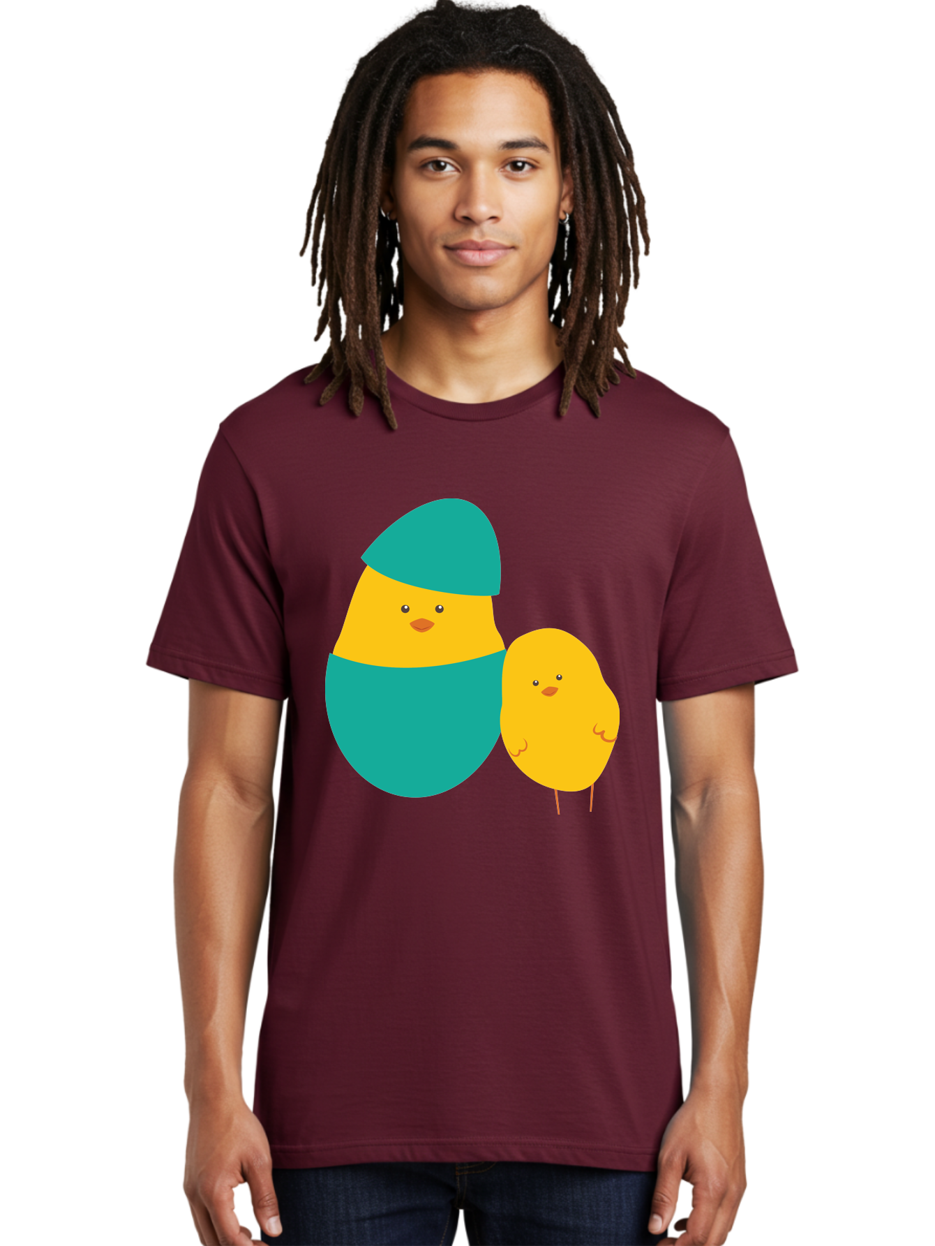 Easter-Chick-And-Hatching-Chick Men'S Graphic Tee, 100% Cotton, Comfortable Casual Summer Wear, Machine Washable, Hatching Chick, Yellow Chick, Cartoon Character, Teal Egg, Newborn Animal, Cute Illustration, Nursery Art, Easter Theme, Aac669