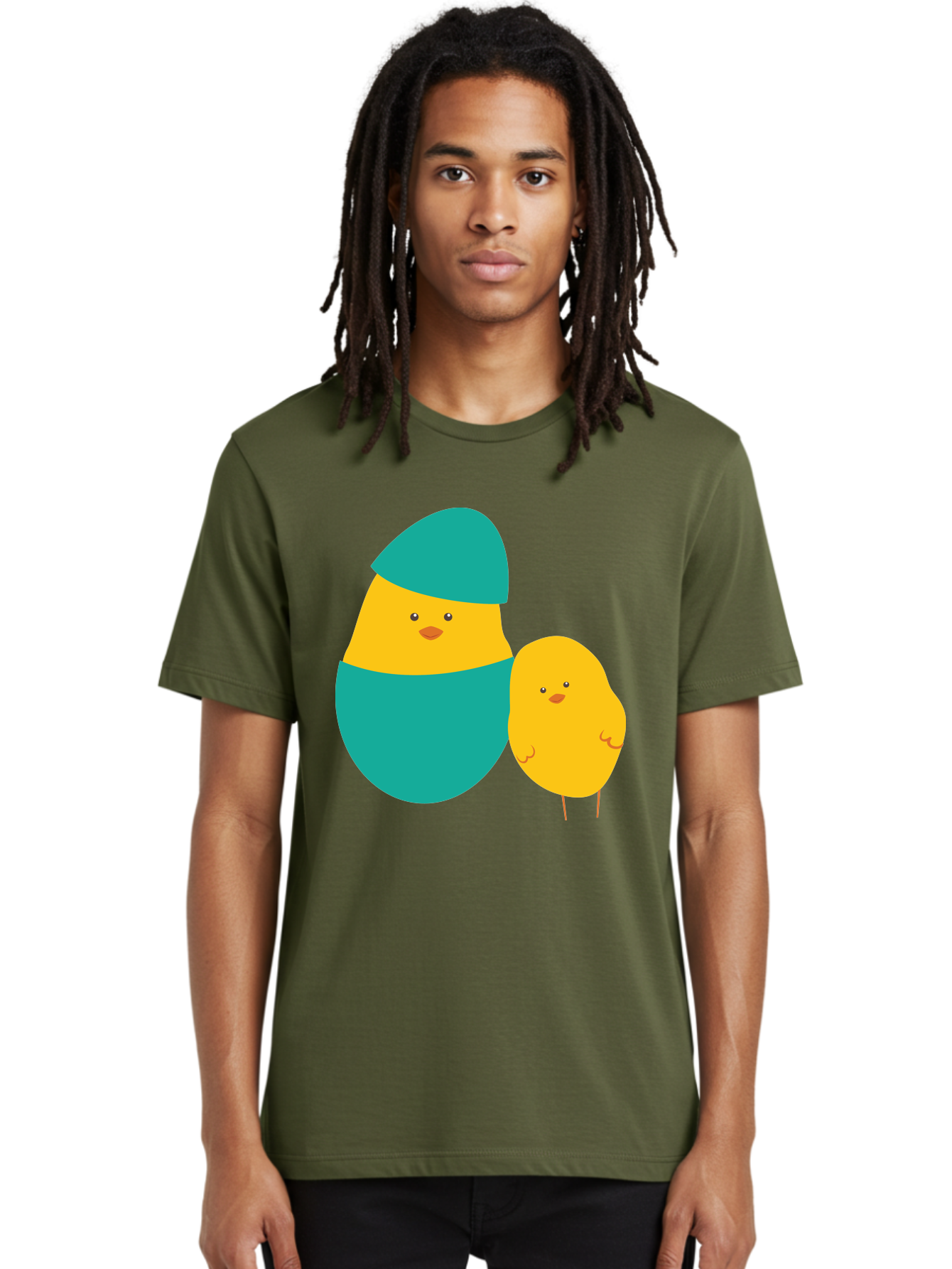 Easter-Chick-And-Hatching-Chick Men'S Graphic Tee, 100% Cotton, Comfortable Casual Summer Wear, Machine Washable, Hatching Chick, Yellow Chick, Cartoon Character, Teal Egg, Newborn Animal, Cute Illustration, Nursery Art, Easter Theme, Aac669