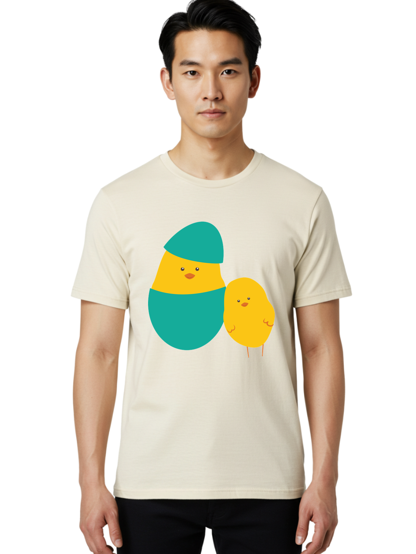 Easter-Chick-And-Hatching-Chick Men'S Graphic Tee, 100% Cotton, Comfortable Casual Summer Wear, Machine Washable, Hatching Chick, Yellow Chick, Cartoon Character, Teal Egg, Newborn Animal, Cute Illustration, Nursery Art, Easter Theme, Aac669