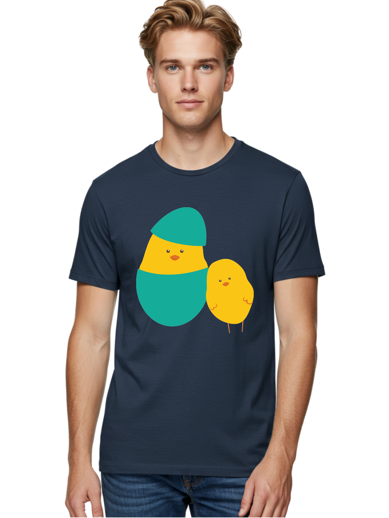 Easter-Chick-And-Hatching-Chick Men'S Graphic Tee, 100% Cotton, Comfortable Casual Summer Wear, Machine Washable, Hatching Chick, Yellow Chick, Cartoon Character, Teal Egg, Newborn Animal, Cute Illustration, Nursery Art, Easter Theme, Aac669