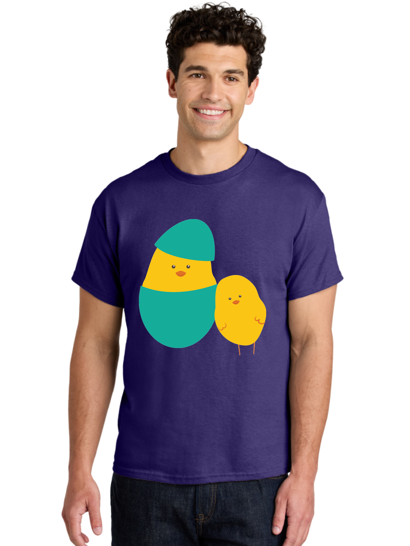 Easter-Chick-And-Hatching-Chick Men'S Graphic Tee, 100% Cotton, Comfortable Casual Summer Wear, Machine Washable, Hatching Chick, Yellow Chick, Cartoon Character, Teal Egg, Newborn Animal, Cute Illustration, Nursery Art, Easter Theme, Aac669
