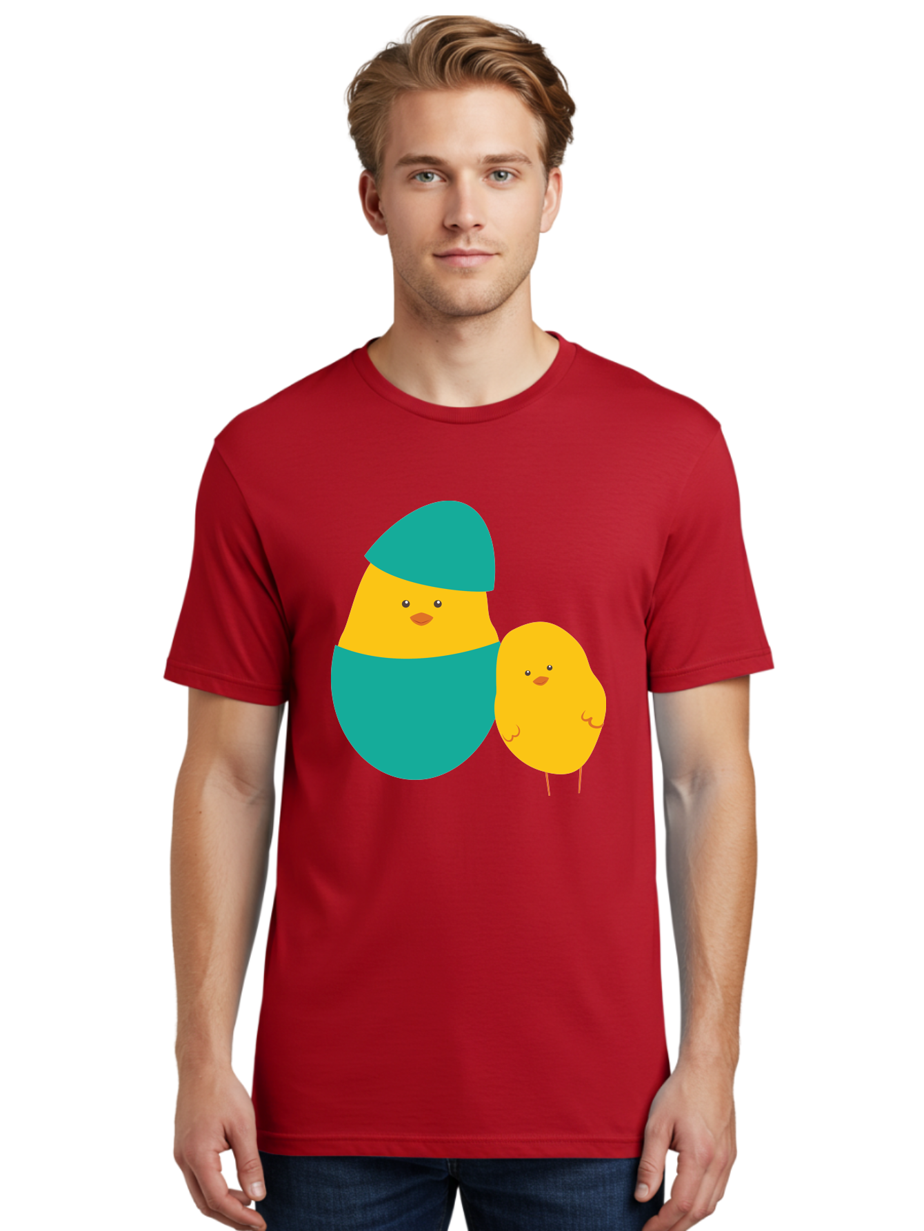 Easter-Chick-And-Hatching-Chick Men'S Graphic Tee, 100% Cotton, Comfortable Casual Summer Wear, Machine Washable, Hatching Chick, Yellow Chick, Cartoon Character, Teal Egg, Newborn Animal, Cute Illustration, Nursery Art, Easter Theme, Aac669