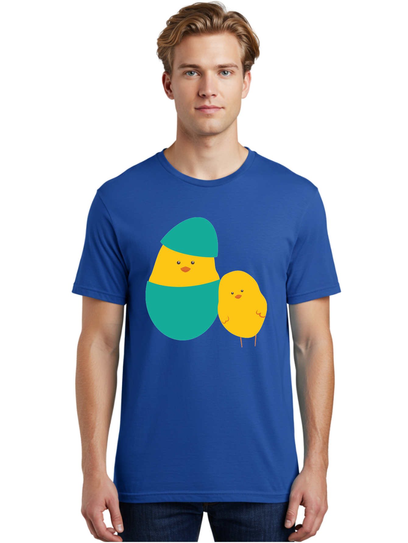 Easter-Chick-And-Hatching-Chick Men'S Graphic Tee, 100% Cotton, Comfortable Casual Summer Wear, Machine Washable, Hatching Chick, Yellow Chick, Cartoon Character, Teal Egg, Newborn Animal, Cute Illustration, Nursery Art, Easter Theme, Aac669