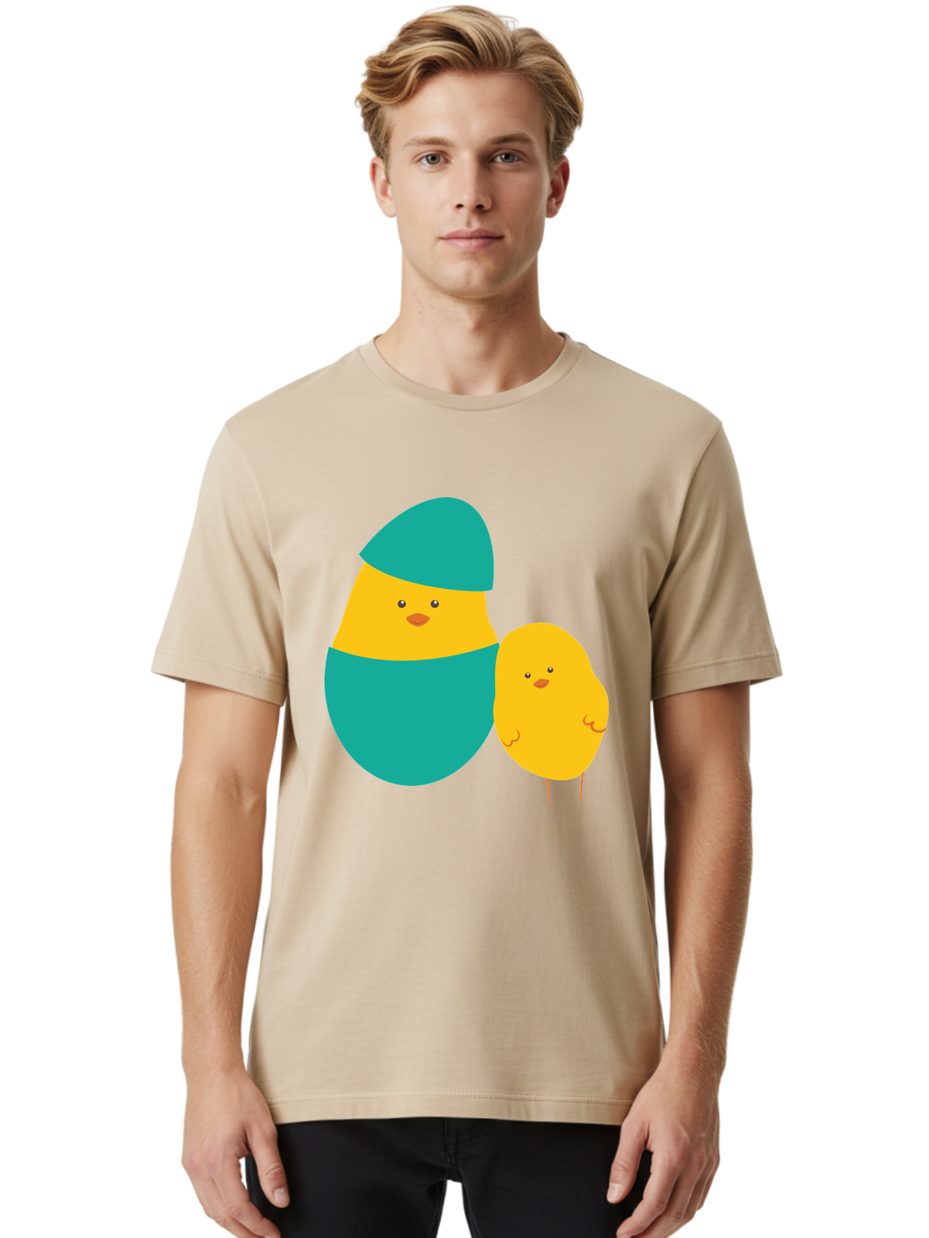 Easter-Chick-And-Hatching-Chick Men'S Graphic Tee, 100% Cotton, Comfortable Casual Summer Wear, Machine Washable, Hatching Chick, Yellow Chick, Cartoon Character, Teal Egg, Newborn Animal, Cute Illustration, Nursery Art, Easter Theme, Aac669