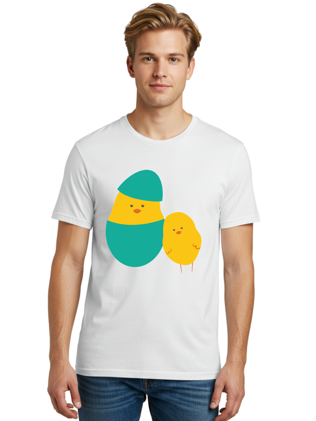 Easter-Chick-And-Hatching-Chick Men'S Graphic Tee, 100% Cotton, Comfortable Casual Summer Wear, Machine Washable, Hatching Chick, Yellow Chick, Cartoon Character, Teal Egg, Newborn Animal, Cute Illustration, Nursery Art, Easter Theme, Aac669