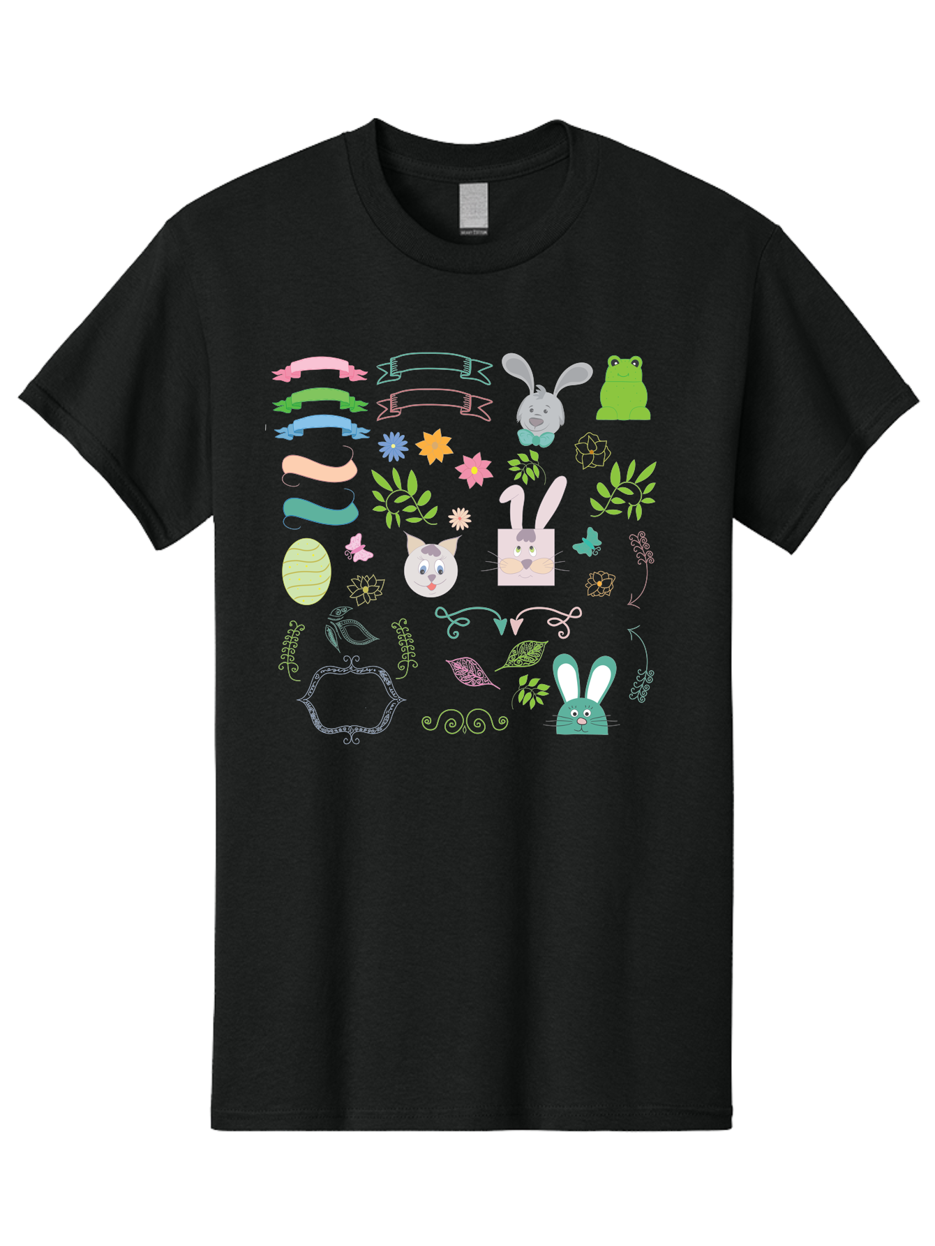 Easter-Clipart Men'S Graphic Tee, 100% Cotton, Comfortable Casual Summer Wear, Machine Washable, Bunny, Easter Eggs, Cat Face, Frog, Flowers, Butterflies, Leaves, Gift Box, Spring Decorations, Pastel Colors, Easter Basket Aac670