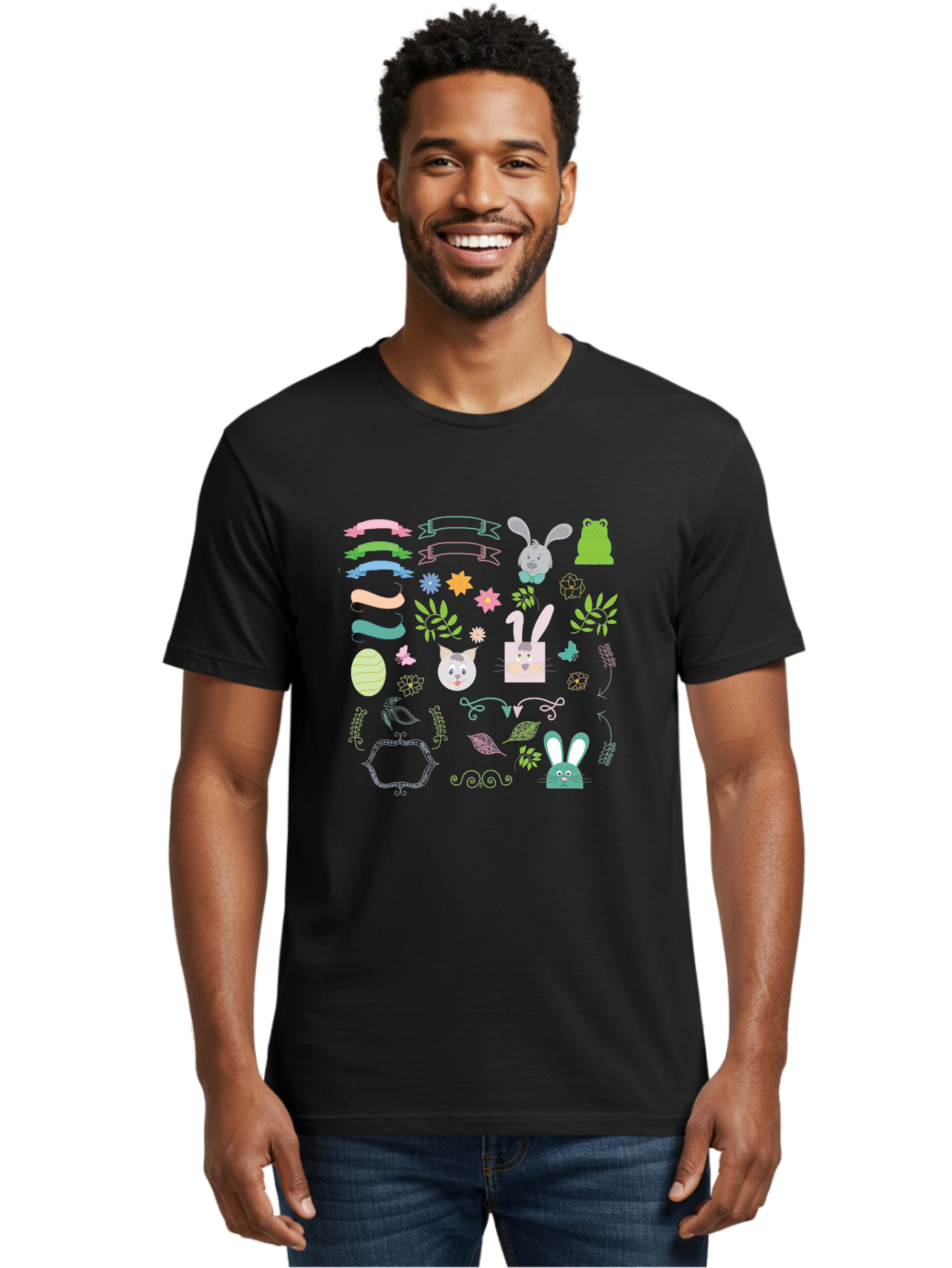 Easter-Clipart Men'S Graphic Tee, 100% Cotton, Comfortable Casual Summer Wear, Machine Washable, Bunny, Easter Eggs, Cat Face, Frog, Flowers, Butterflies, Leaves, Gift Box, Spring Decorations, Pastel Colors, Easter Basket Aac670