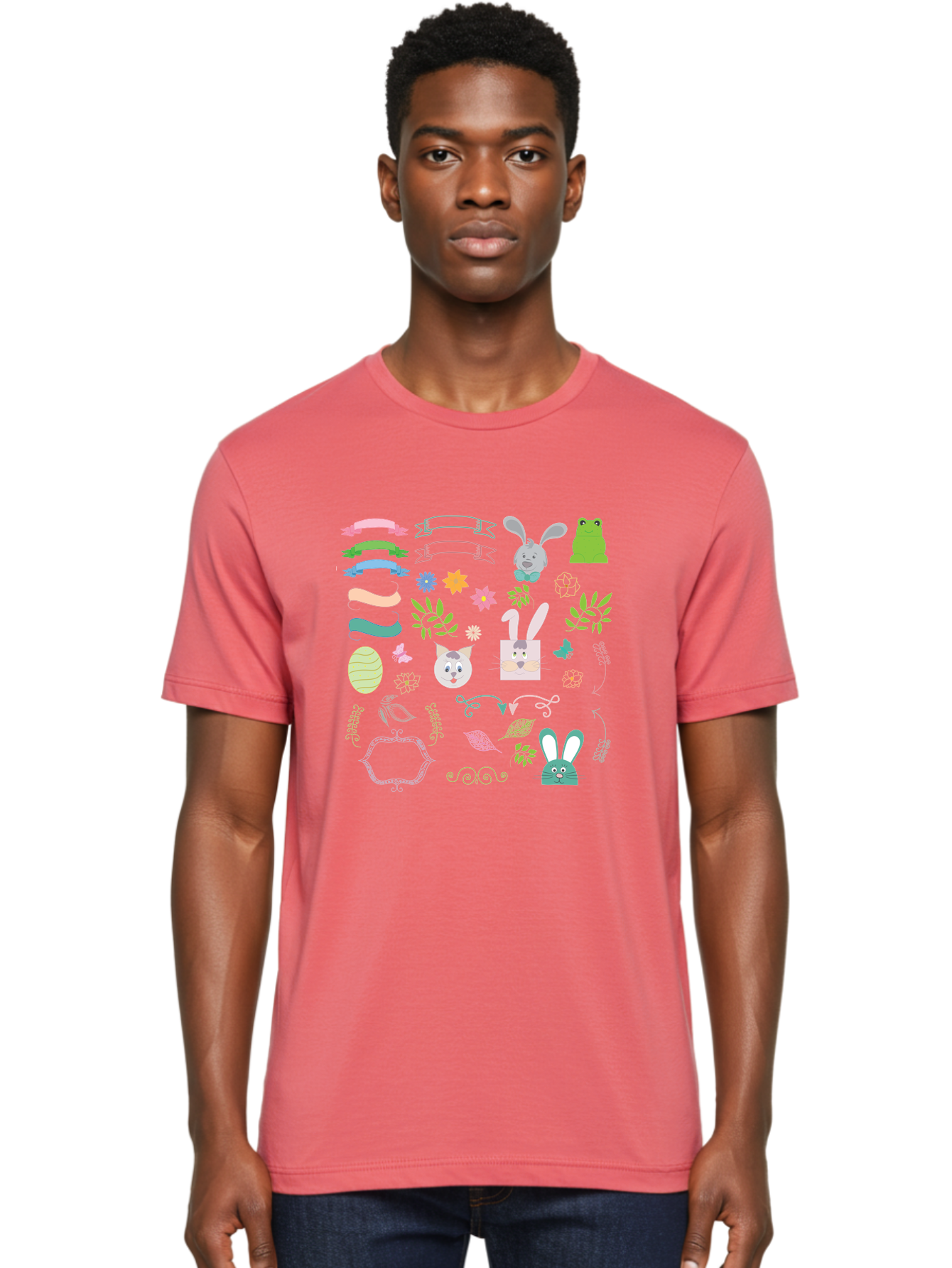 Easter-Clipart Men'S Graphic Tee, 100% Cotton, Comfortable Casual Summer Wear, Machine Washable, Bunny, Easter Eggs, Cat Face, Frog, Flowers, Butterflies, Leaves, Gift Box, Spring Decorations, Pastel Colors, Easter Basket Aac670