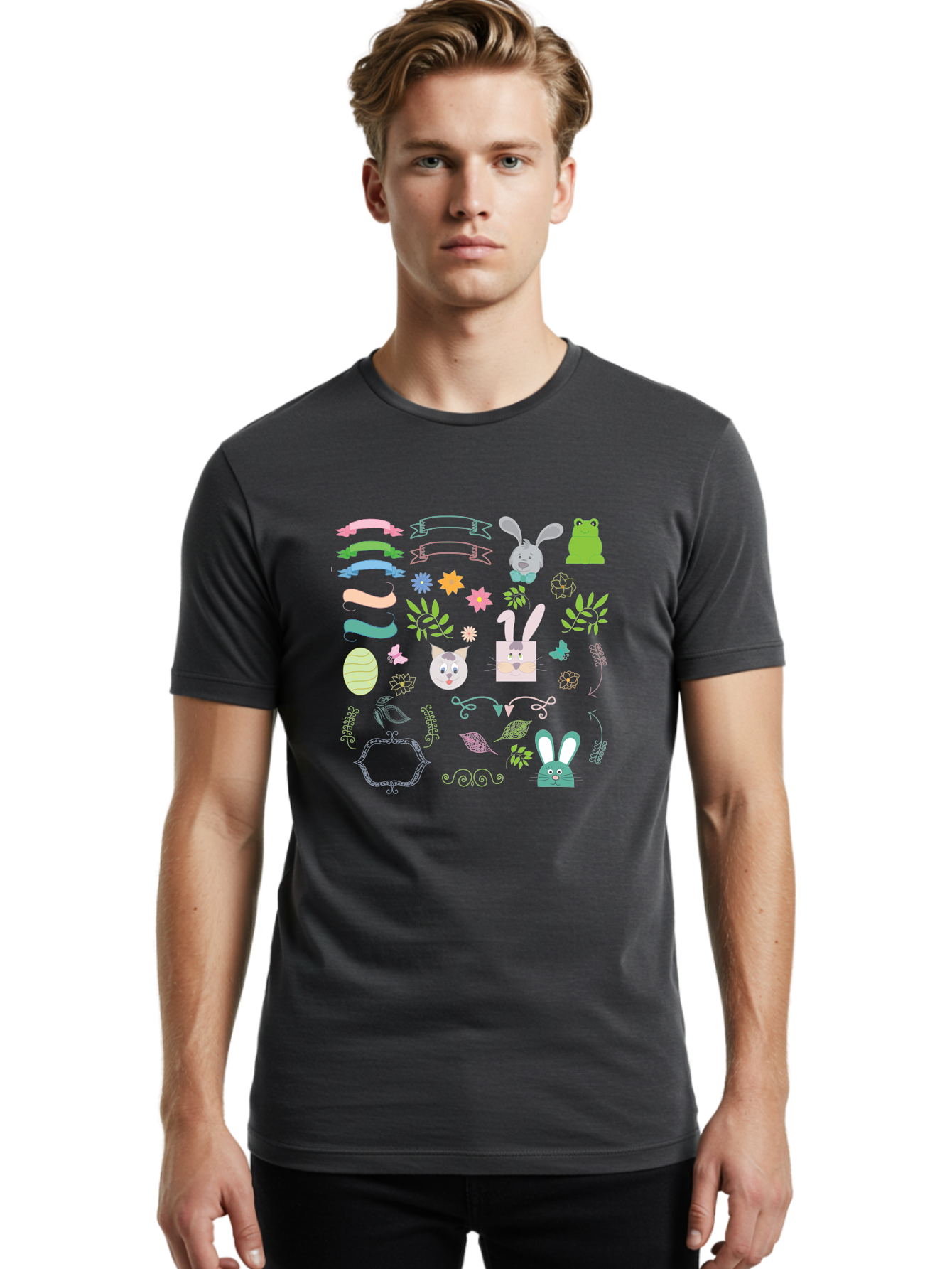 Easter-Clipart Men'S Graphic Tee, 100% Cotton, Comfortable Casual Summer Wear, Machine Washable, Bunny, Easter Eggs, Cat Face, Frog, Flowers, Butterflies, Leaves, Gift Box, Spring Decorations, Pastel Colors, Easter Basket Aac670