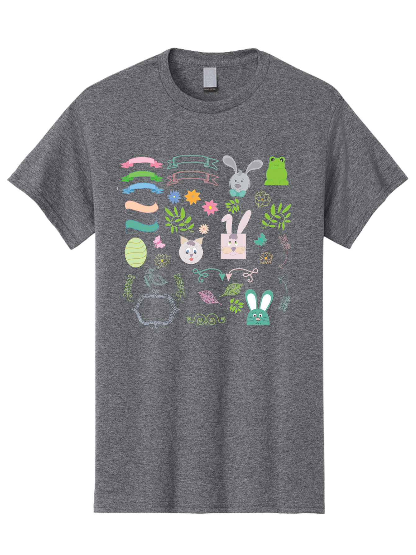 Easter-Clipart Men'S Graphic Tee, 100% Cotton, Comfortable Casual Summer Wear, Machine Washable, Bunny, Easter Eggs, Cat Face, Frog, Flowers, Butterflies, Leaves, Gift Box, Spring Decorations, Pastel Colors, Easter Basket Aac670