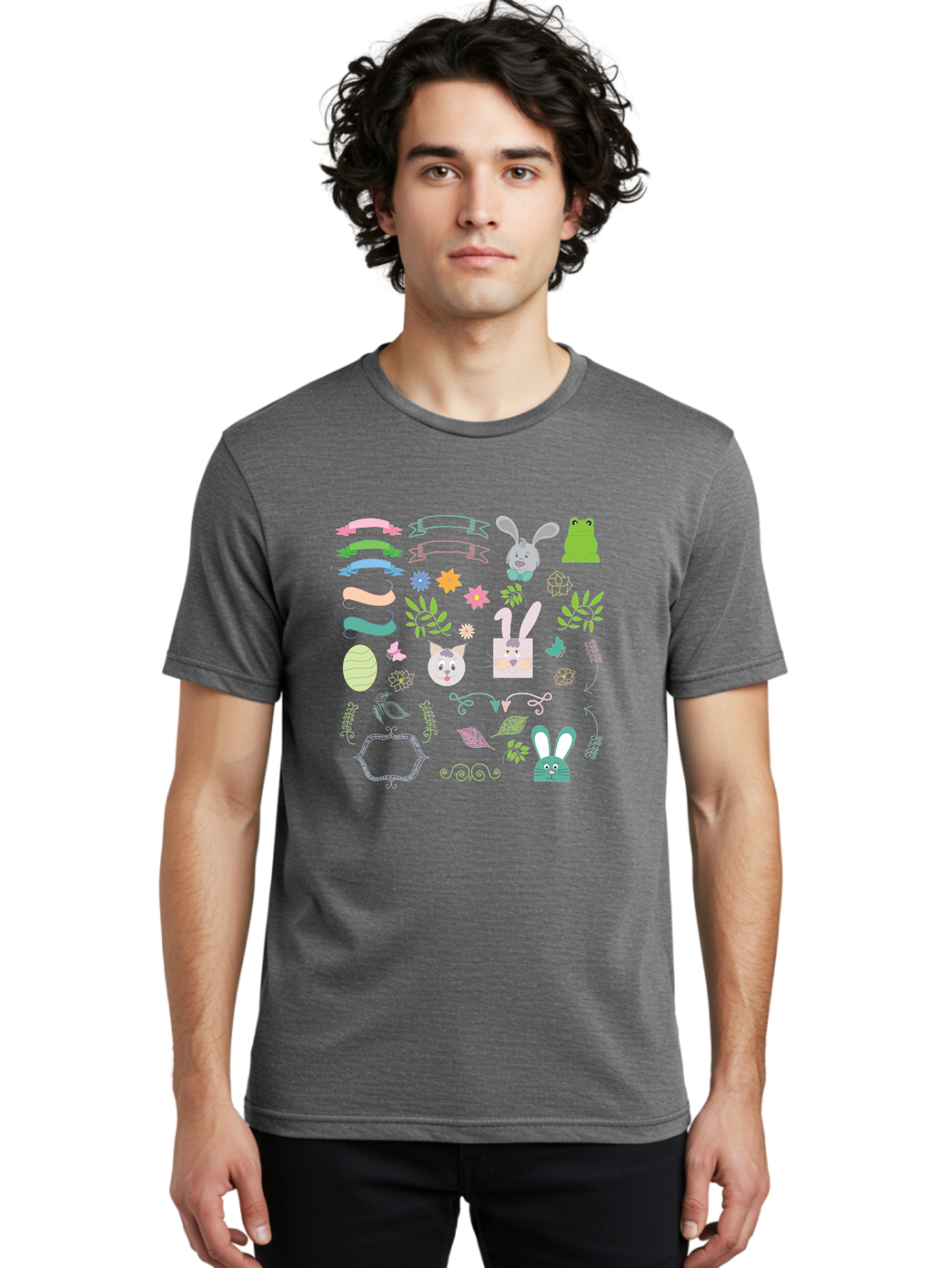 Easter-Clipart Men'S Graphic Tee, 100% Cotton, Comfortable Casual Summer Wear, Machine Washable, Bunny, Easter Eggs, Cat Face, Frog, Flowers, Butterflies, Leaves, Gift Box, Spring Decorations, Pastel Colors, Easter Basket Aac670