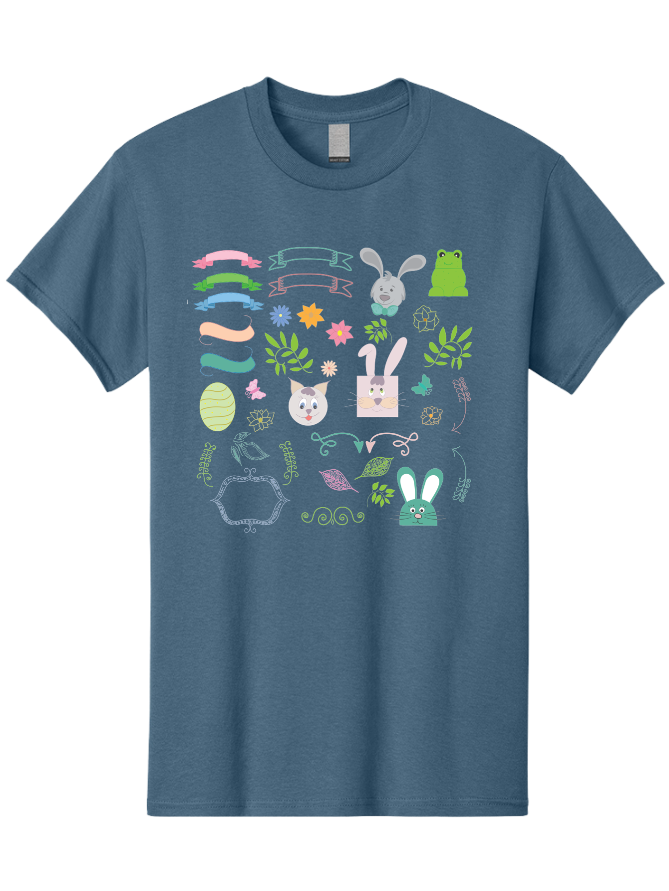 Easter-Clipart Men'S Graphic Tee, 100% Cotton, Comfortable Casual Summer Wear, Machine Washable, Bunny, Easter Eggs, Cat Face, Frog, Flowers, Butterflies, Leaves, Gift Box, Spring Decorations, Pastel Colors, Easter Basket Aac670