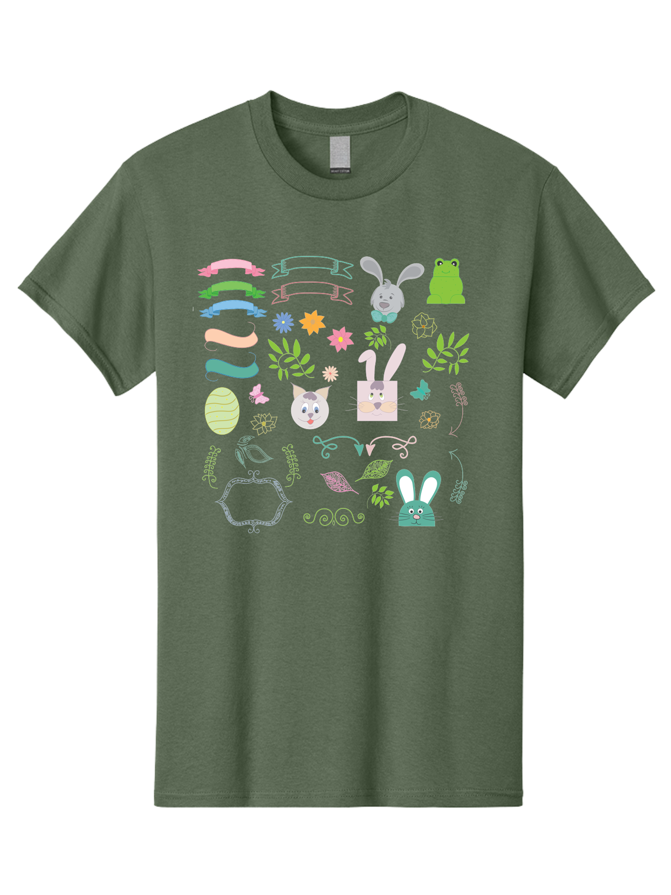 Easter-Clipart Men'S Graphic Tee, 100% Cotton, Comfortable Casual Summer Wear, Machine Washable, Bunny, Easter Eggs, Cat Face, Frog, Flowers, Butterflies, Leaves, Gift Box, Spring Decorations, Pastel Colors, Easter Basket Aac670