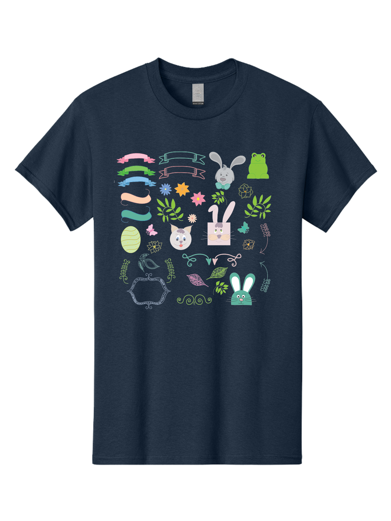 Easter-Clipart Men'S Graphic Tee, 100% Cotton, Comfortable Casual Summer Wear, Machine Washable, Bunny, Easter Eggs, Cat Face, Frog, Flowers, Butterflies, Leaves, Gift Box, Spring Decorations, Pastel Colors, Easter Basket Aac670