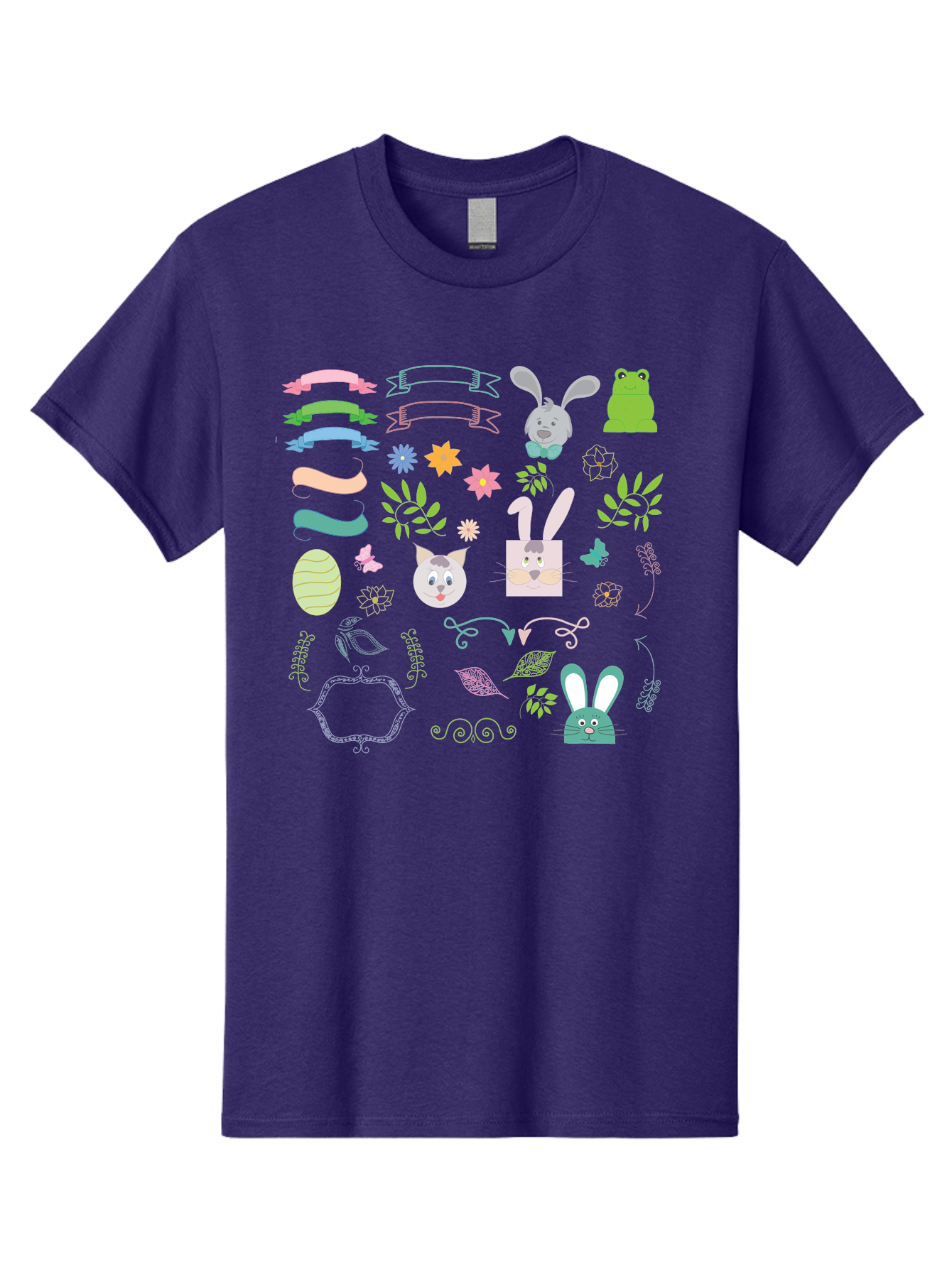 Easter-Clipart Men'S Graphic Tee, 100% Cotton, Comfortable Casual Summer Wear, Machine Washable, Bunny, Easter Eggs, Cat Face, Frog, Flowers, Butterflies, Leaves, Gift Box, Spring Decorations, Pastel Colors, Easter Basket Aac670