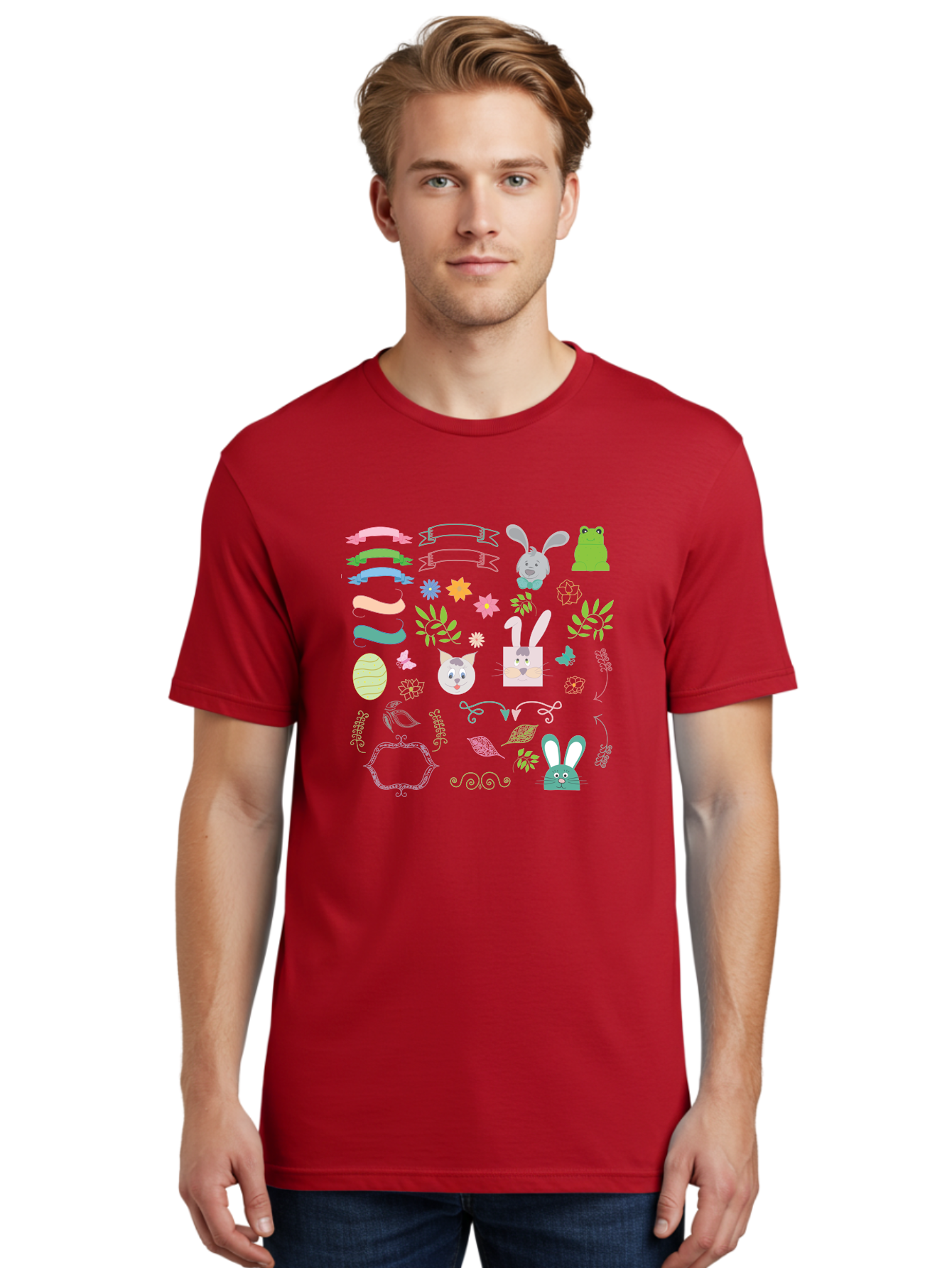 Easter-Clipart Men'S Graphic Tee, 100% Cotton, Comfortable Casual Summer Wear, Machine Washable, Bunny, Easter Eggs, Cat Face, Frog, Flowers, Butterflies, Leaves, Gift Box, Spring Decorations, Pastel Colors, Easter Basket Aac670