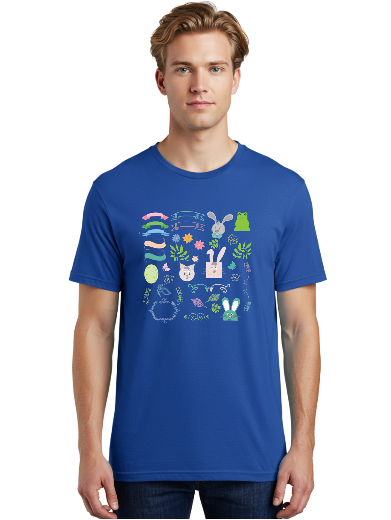 Easter-Clipart Men'S Graphic Tee, 100% Cotton, Comfortable Casual Summer Wear, Machine Washable, Bunny, Easter Eggs, Cat Face, Frog, Flowers, Butterflies, Leaves, Gift Box, Spring Decorations, Pastel Colors, Easter Basket Aac670