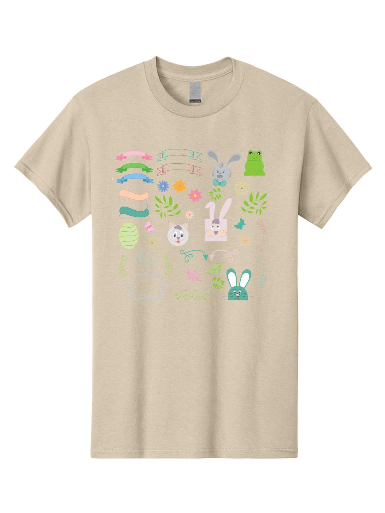 Easter-Clipart Men'S Graphic Tee, 100% Cotton, Comfortable Casual Summer Wear, Machine Washable, Bunny, Easter Eggs, Cat Face, Frog, Flowers, Butterflies, Leaves, Gift Box, Spring Decorations, Pastel Colors, Easter Basket Aac670