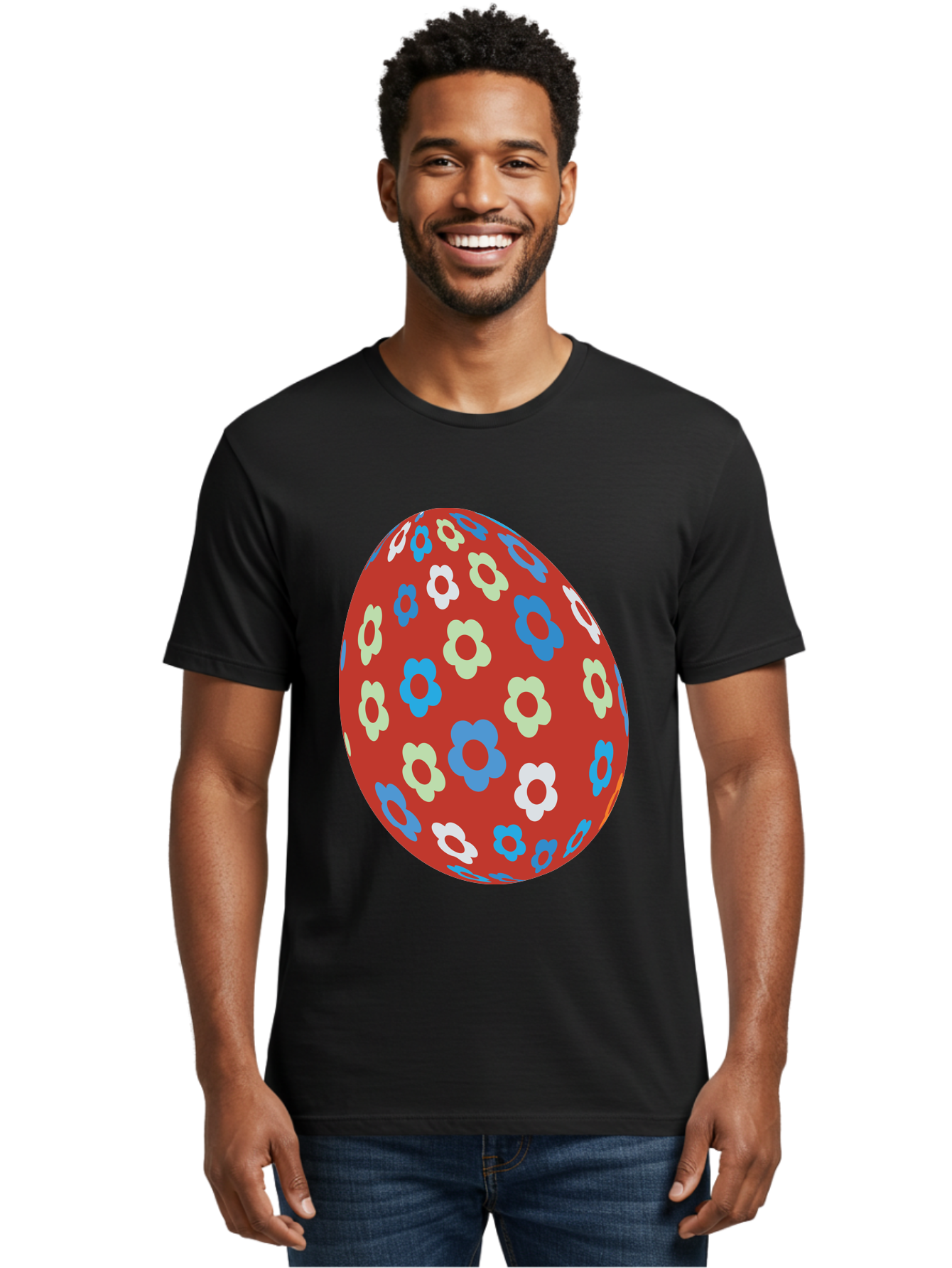 Easter-Egg-1 Men'S Graphic Tee, 100% Cotton, Comfortable Casual Summer Wear, Machine Washable, Easter Egg, Floral Pattern, Colorful Flowers, Red Egg, Blue Flowers, White Flowers, Green Flowers, Festive Design, Spring Theme, Decorated Egg, Aac671