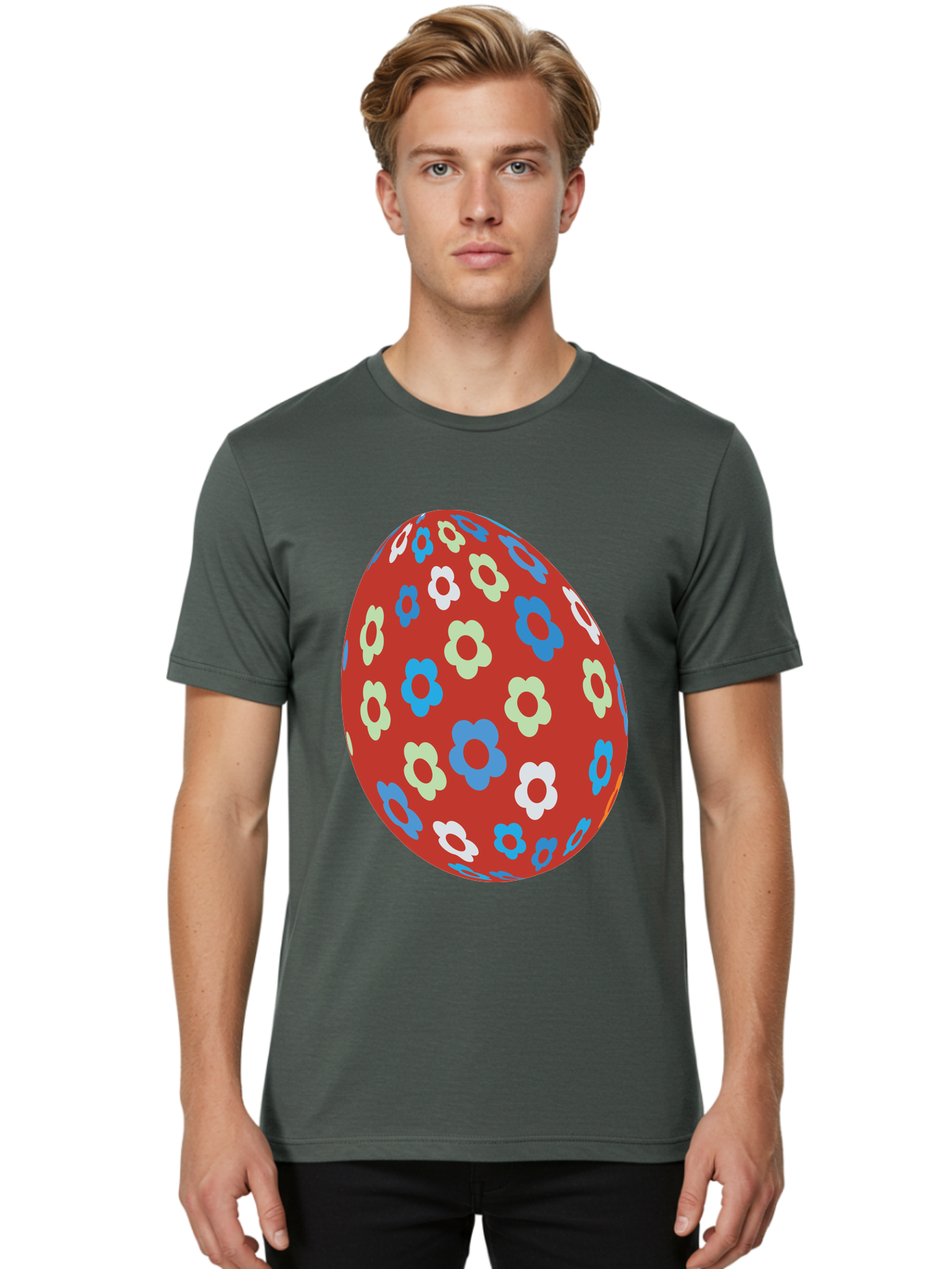 Easter-Egg-1 Men'S Graphic Tee, 100% Cotton, Comfortable Casual Summer Wear, Machine Washable, Easter Egg, Floral Pattern, Colorful Flowers, Red Egg, Blue Flowers, White Flowers, Green Flowers, Festive Design, Spring Theme, Decorated Egg, Aac671