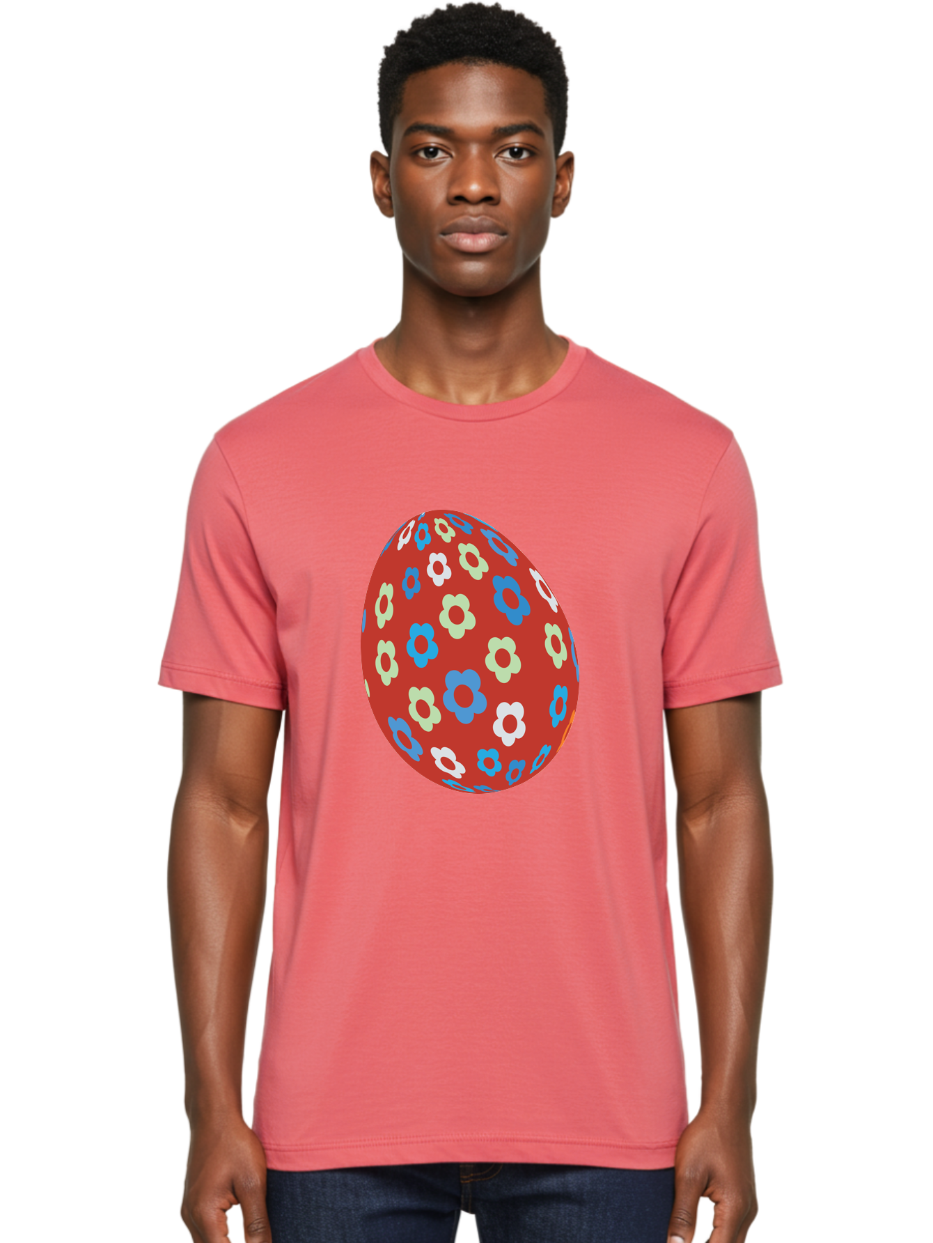 Easter-Egg-1 Men'S Graphic Tee, 100% Cotton, Comfortable Casual Summer Wear, Machine Washable, Easter Egg, Floral Pattern, Colorful Flowers, Red Egg, Blue Flowers, White Flowers, Green Flowers, Festive Design, Spring Theme, Decorated Egg, Aac671