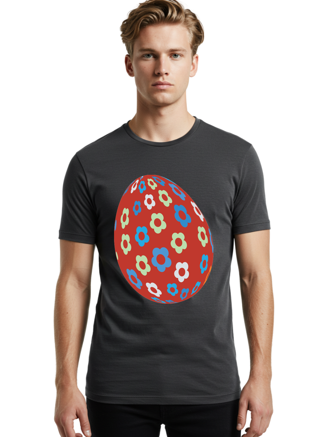 Easter-Egg-1 Men'S Graphic Tee, 100% Cotton, Comfortable Casual Summer Wear, Machine Washable, Easter Egg, Floral Pattern, Colorful Flowers, Red Egg, Blue Flowers, White Flowers, Green Flowers, Festive Design, Spring Theme, Decorated Egg, Aac671