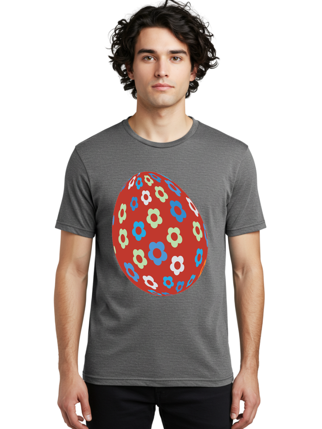 Easter-Egg-1 Men'S Graphic Tee, 100% Cotton, Comfortable Casual Summer Wear, Machine Washable, Easter Egg, Floral Pattern, Colorful Flowers, Red Egg, Blue Flowers, White Flowers, Green Flowers, Festive Design, Spring Theme, Decorated Egg, Aac671