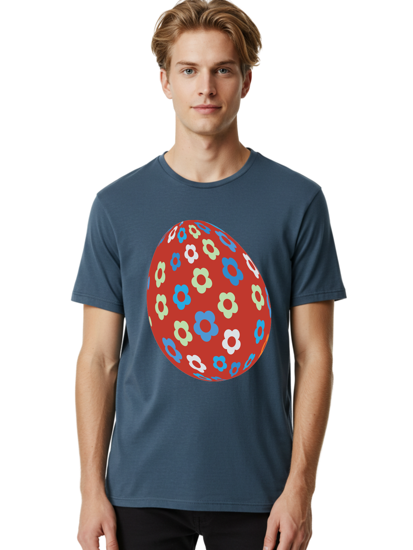 Easter-Egg-1 Men'S Graphic Tee, 100% Cotton, Comfortable Casual Summer Wear, Machine Washable, Easter Egg, Floral Pattern, Colorful Flowers, Red Egg, Blue Flowers, White Flowers, Green Flowers, Festive Design, Spring Theme, Decorated Egg, Aac671