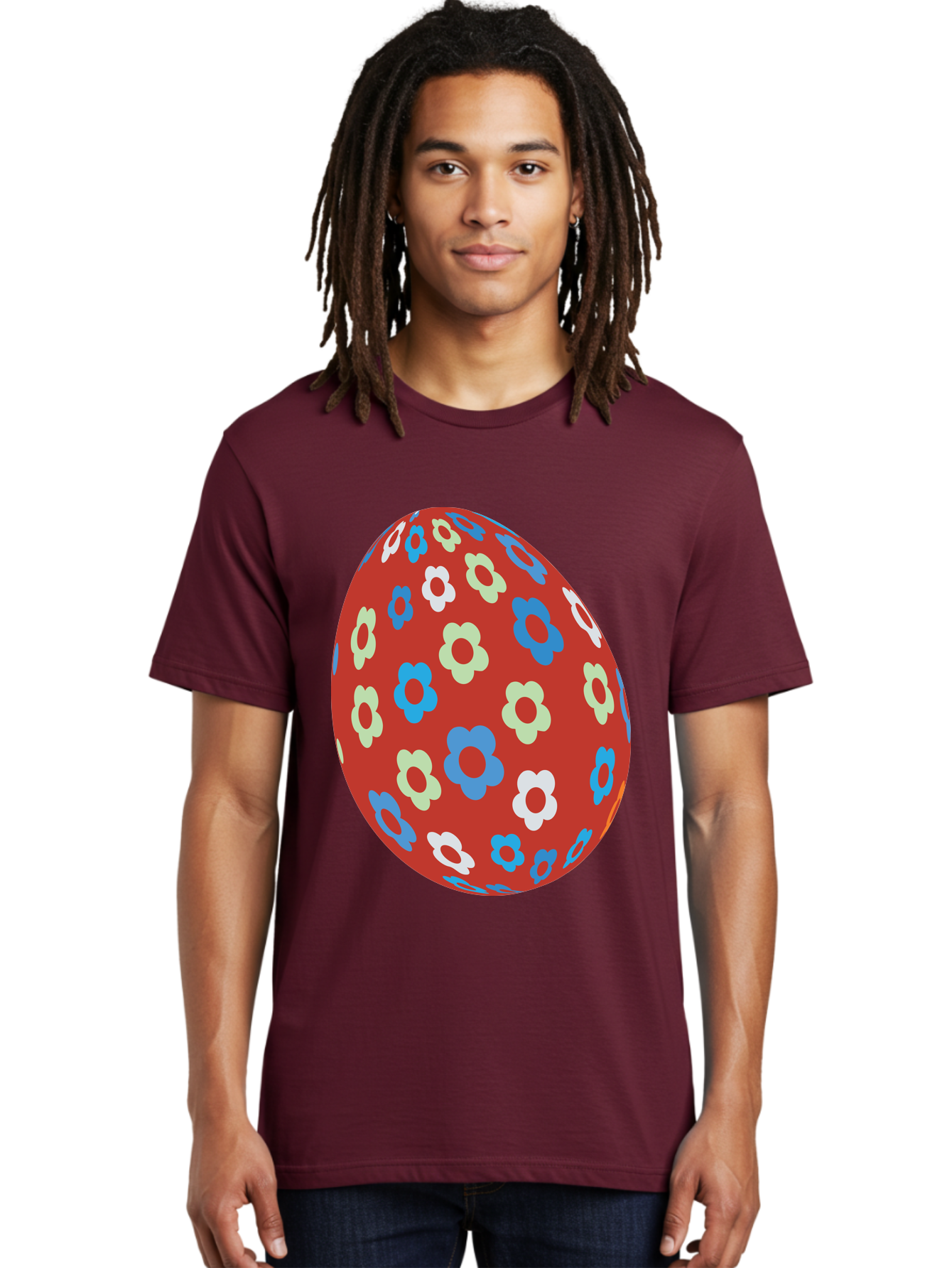 Easter-Egg-1 Men'S Graphic Tee, 100% Cotton, Comfortable Casual Summer Wear, Machine Washable, Easter Egg, Floral Pattern, Colorful Flowers, Red Egg, Blue Flowers, White Flowers, Green Flowers, Festive Design, Spring Theme, Decorated Egg, Aac671