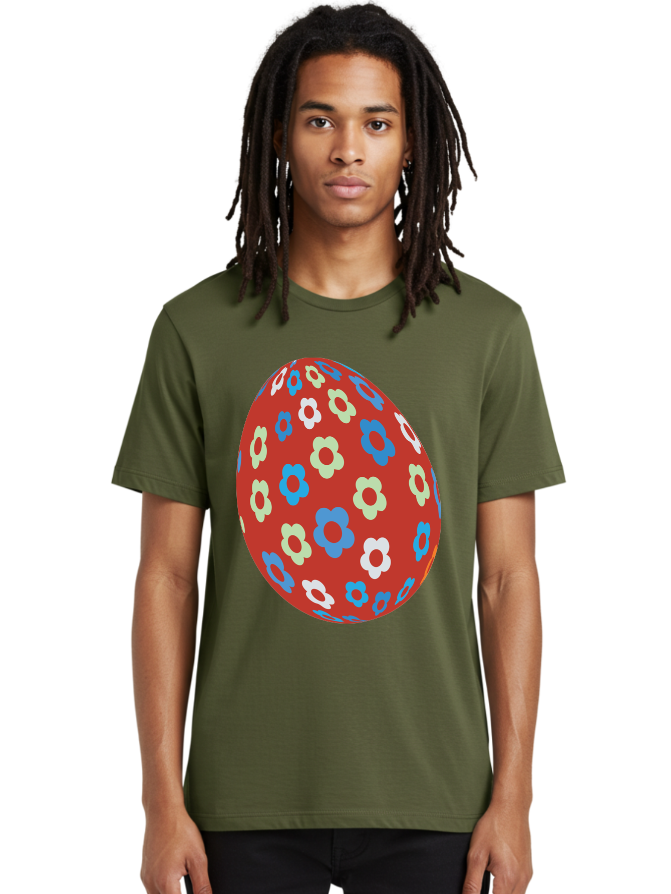 Easter-Egg-1 Men'S Graphic Tee, 100% Cotton, Comfortable Casual Summer Wear, Machine Washable, Easter Egg, Floral Pattern, Colorful Flowers, Red Egg, Blue Flowers, White Flowers, Green Flowers, Festive Design, Spring Theme, Decorated Egg, Aac671